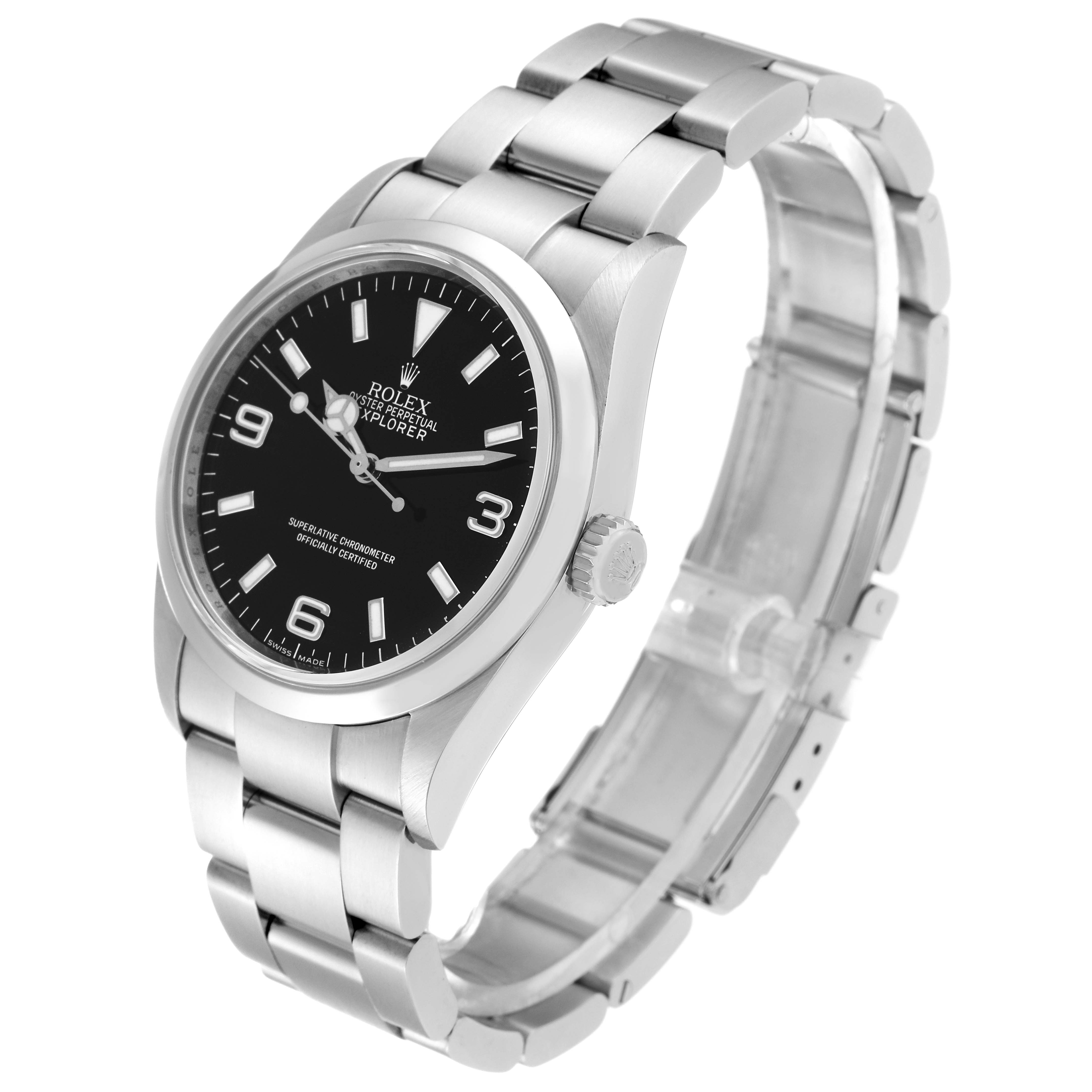 This image shows a side angle of a Rolex Explorer 114270 Men's Stainless Steel Black Dial 114270 Men's Stainless Steel Black Dial watch highlighting its face, case, bezel, and bracelet.