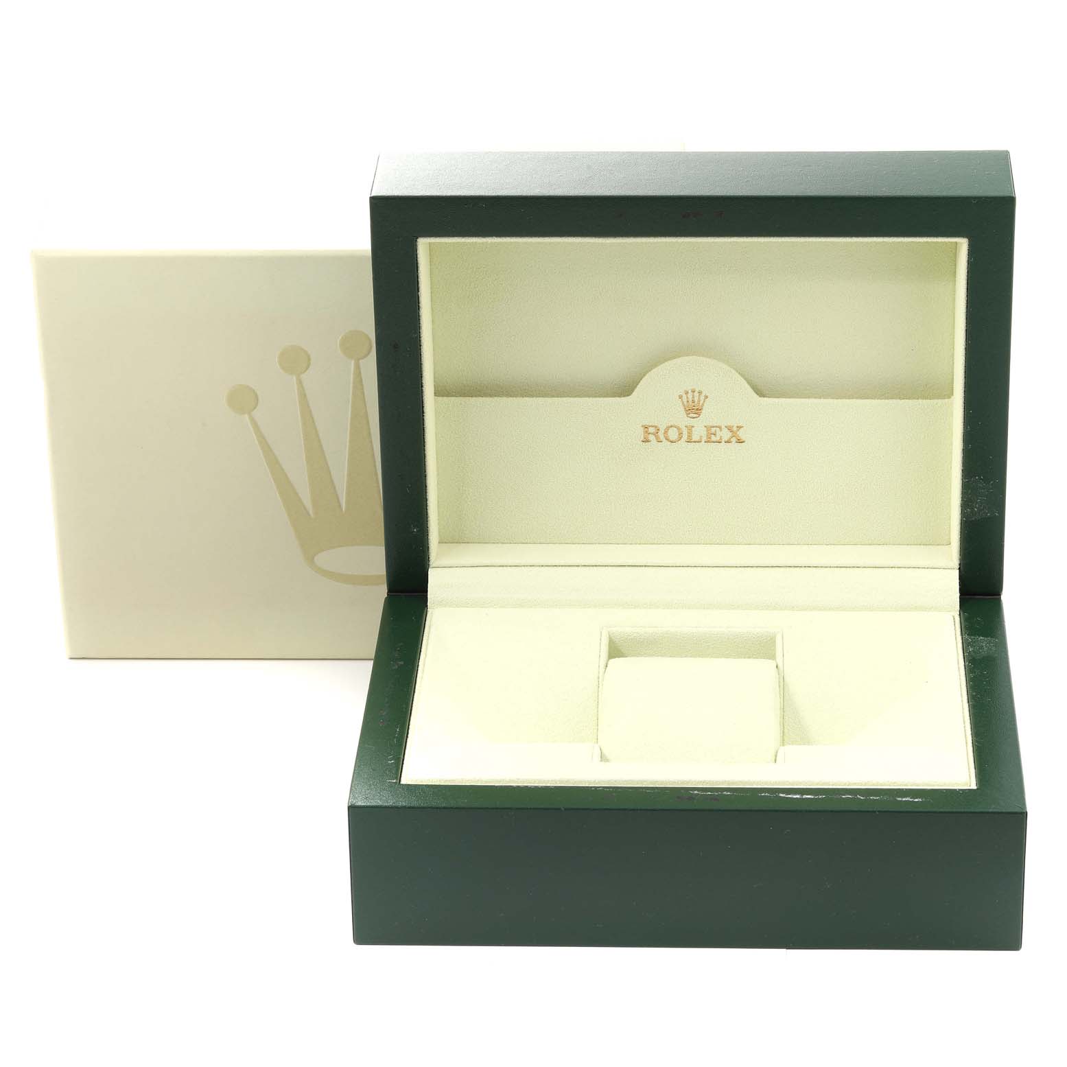 This image shows an open green Rolex box, likely for an Explorer model, with an outer beige box in the background.