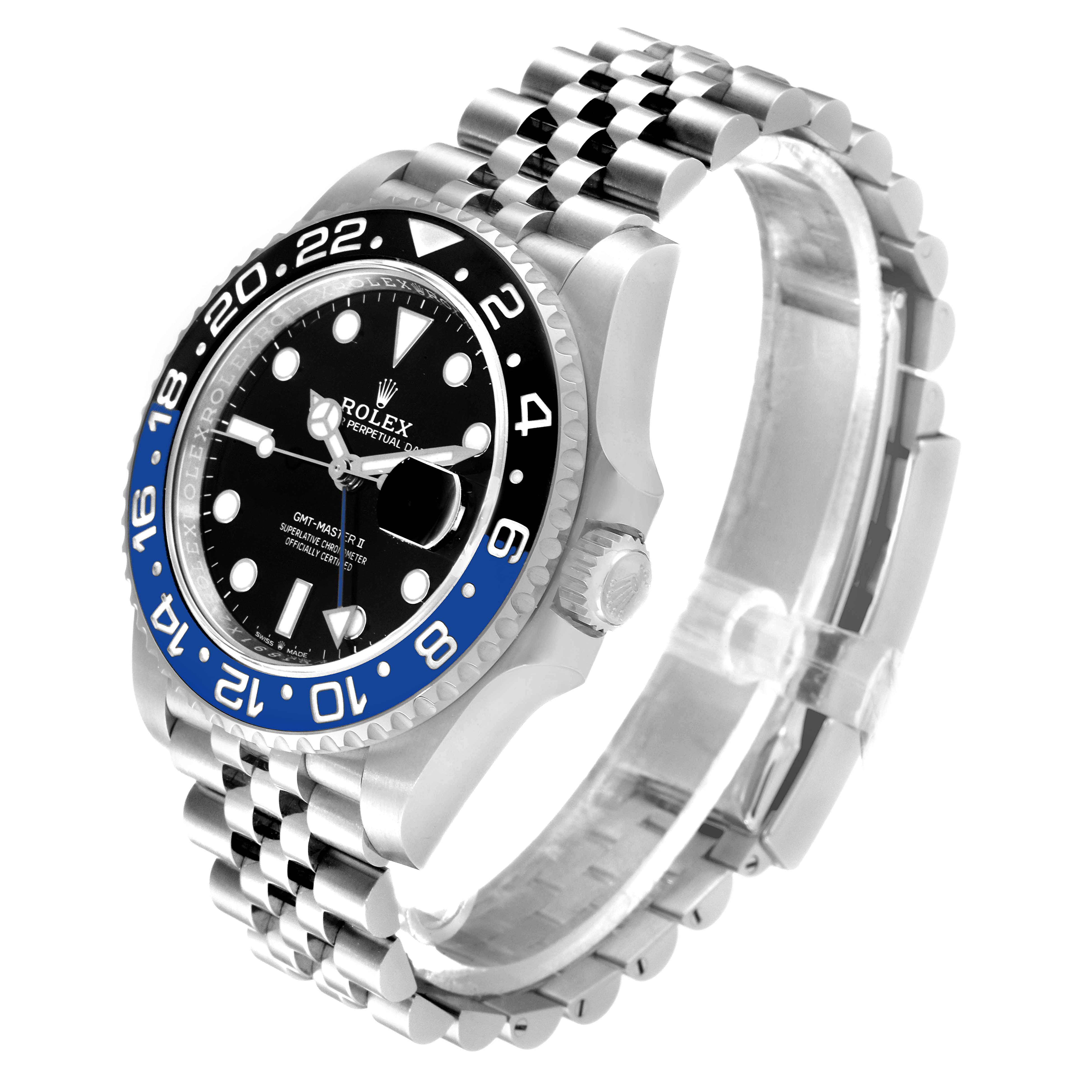 The Rolex GMT-Master 126710 Men
s Stainless Steel Black Dial 126710 Men
s Stainless Steel Black Dial watch is shown at an angle highlighting the bezel, dial, crown, and bracelet.