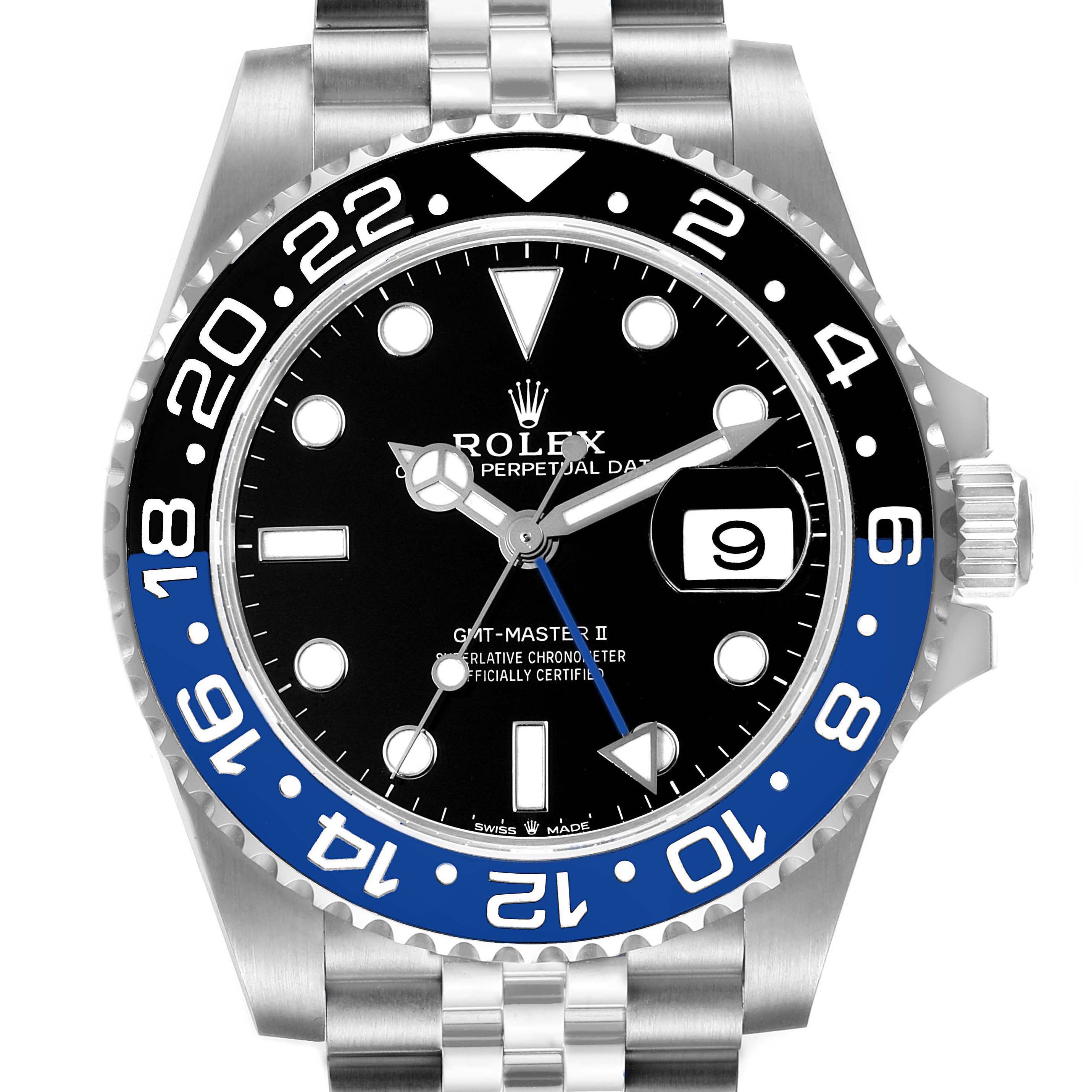 The image shows a front view of the Rolex GMT-Master 126710 Men
s Stainless Steel Black Dial 126710 Men
s Stainless Steel Black Dial II watch, highlighting its bezel, dial, hands, and part of the bracelet.