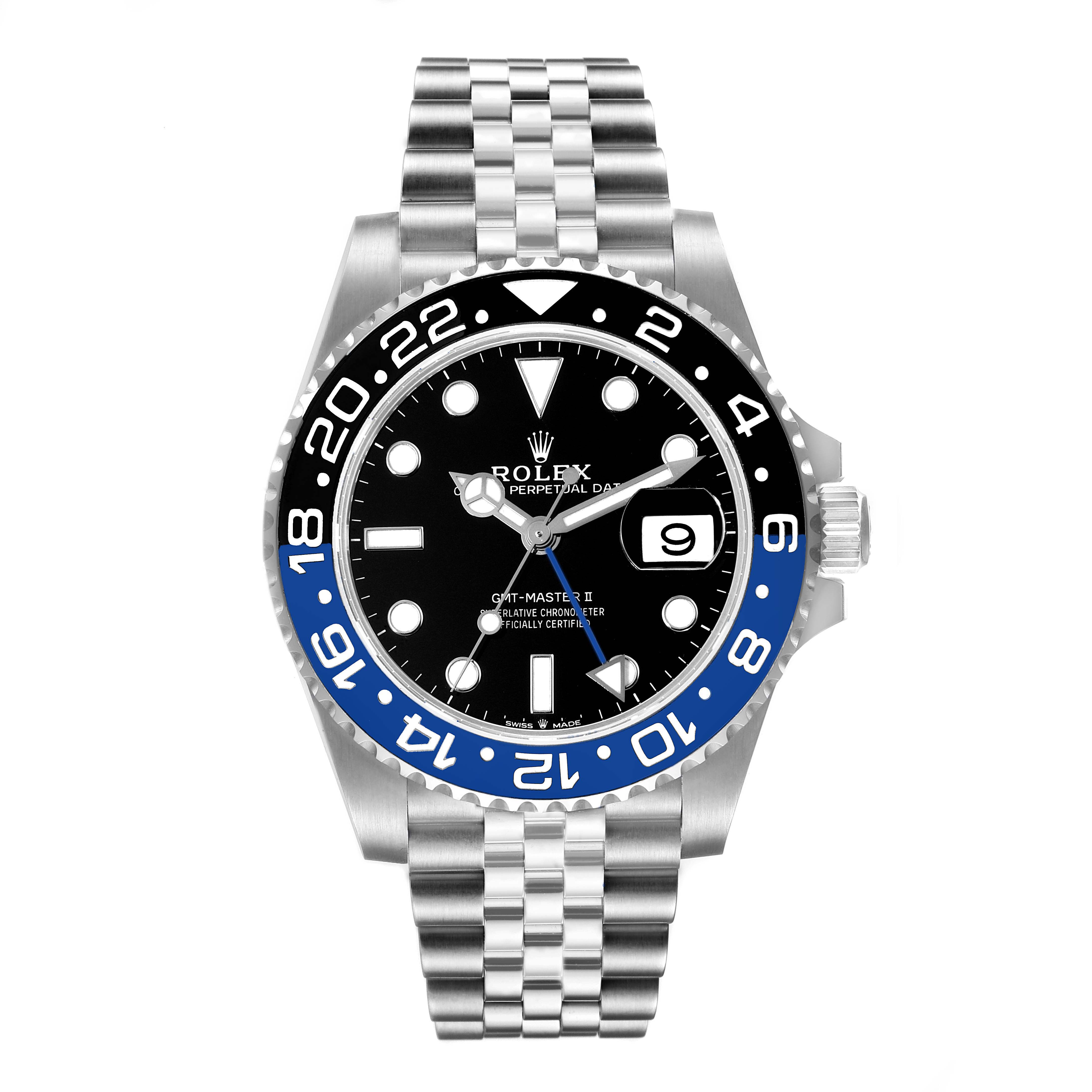 The image shows a front view of the Rolex GMT-Master 126710 Men
s Stainless Steel Black Dial 126710 Men
s Stainless Steel Black Dial II watch, displaying the bezel, dial, crown, and bracelet.