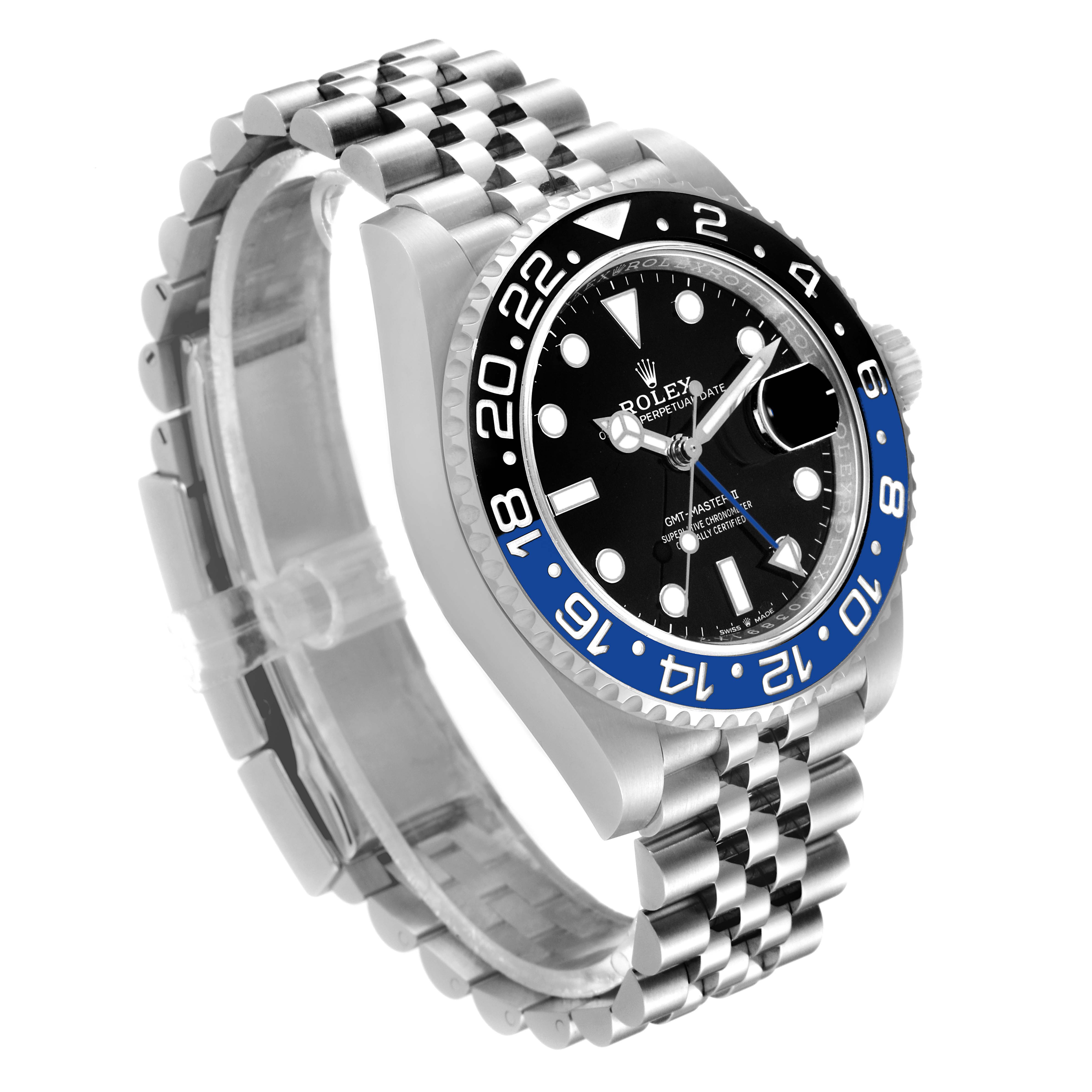 This Rolex GMT-Master 126710 Men
s Stainless Steel Black Dial 126710 Men
s Stainless Steel Black Dial watch is shown at a three-quarter angle, displaying the face, bezel, and part of the bracelet.