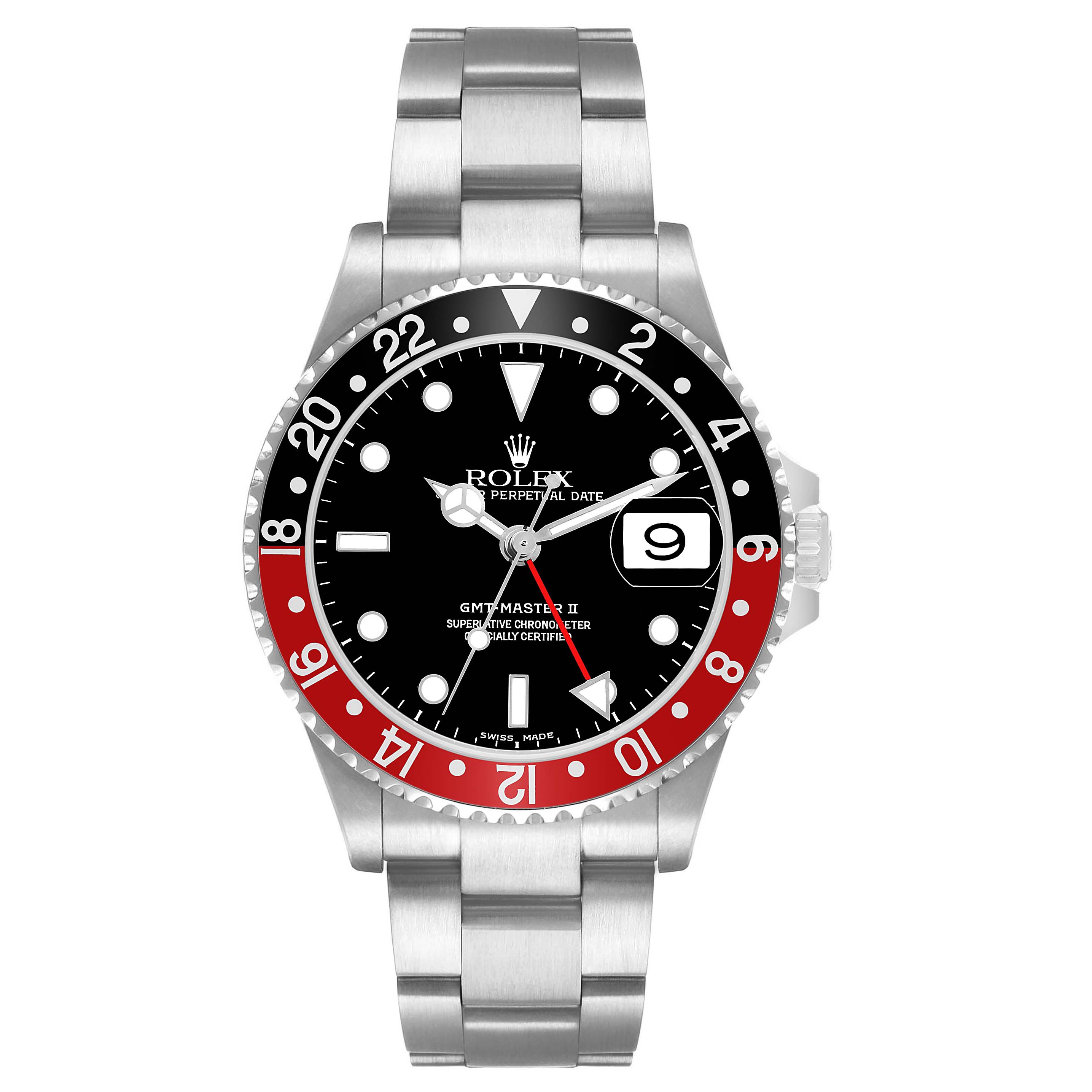 The Rolex GMT-Master 16710 Men's Stainless Steel Black Dial watch is shown from a front angle, highlighting the dial, bezel, and bracelet.
