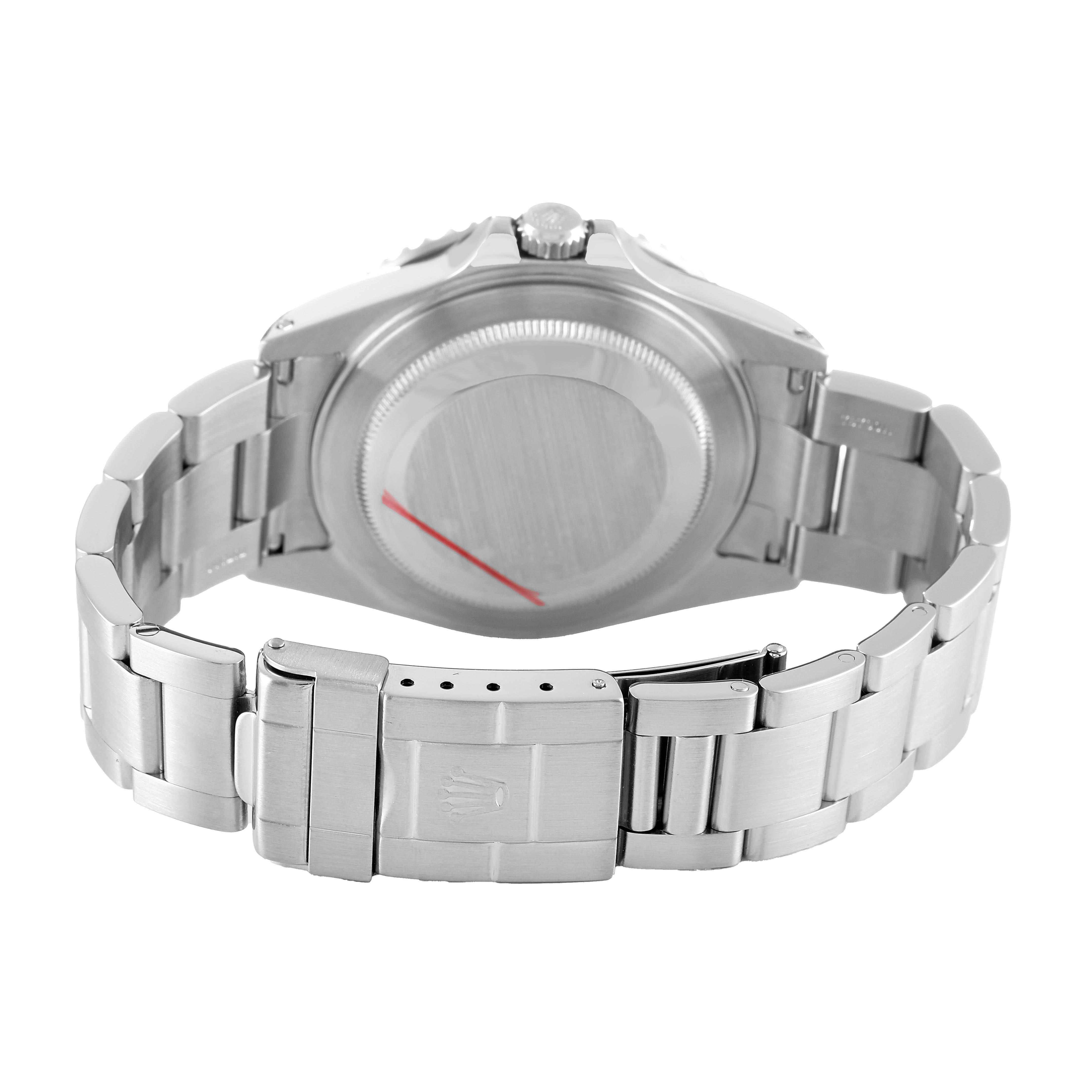 The image shows the back and bracelet of a Rolex GMT-Master 16710 Men's Stainless Steel Black Dial watch, highlighting the clasp and case back.