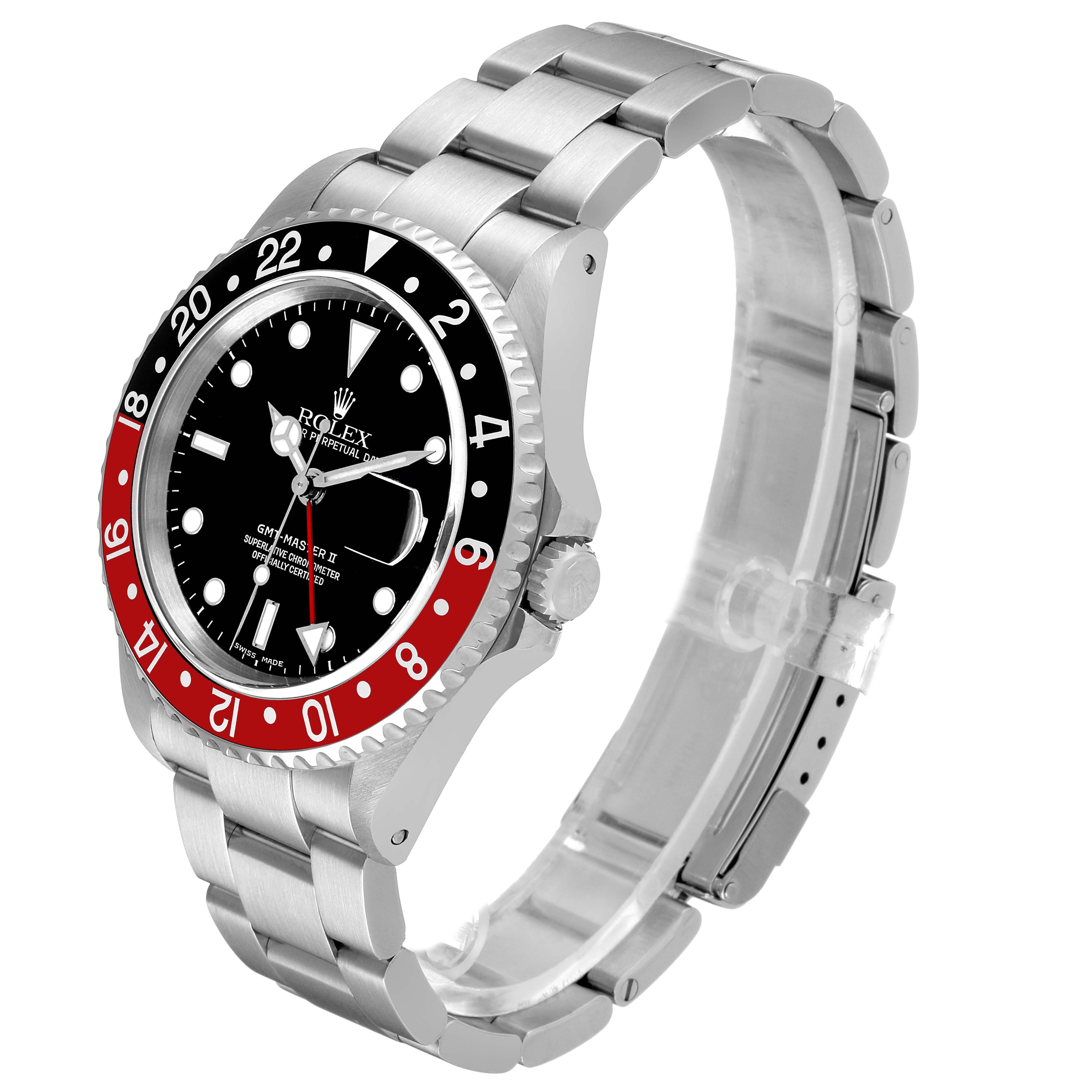 The Rolex GMT-Master 16710 Men's Stainless Steel Black Dial watch is shown at a three-quarter angle, highlighting the bezel, dial, crown, and bracelet.