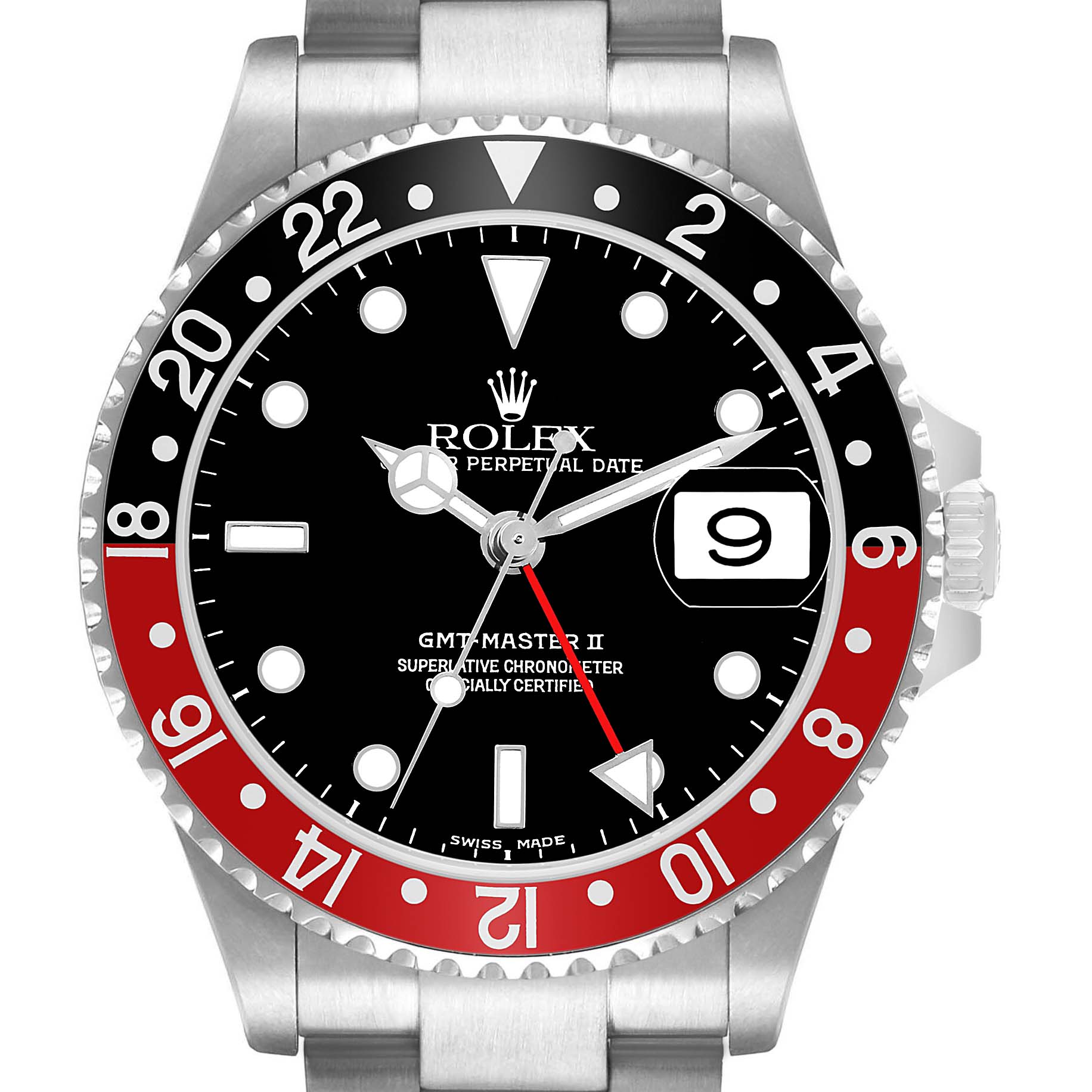 The Rolex GMT-Master 16710 Men's Stainless Steel Black Dial watch is shown from a front angle, highlighting its black and red bezel, dial, and date display.