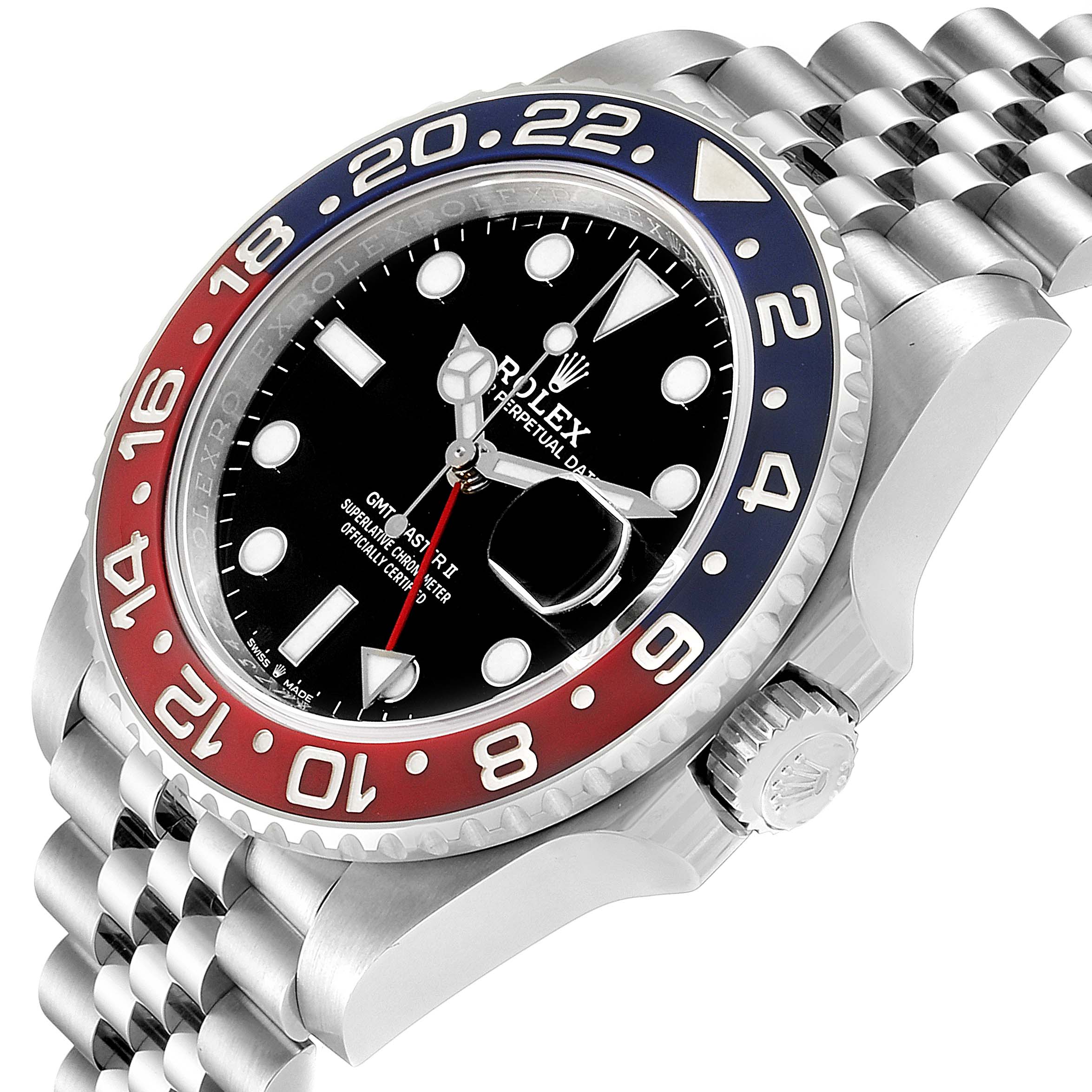 The Rolex GMT-Master 126710 Men
s Stainless Steel Black Dial 126710 Men
s Stainless Steel Black Dial watch is shown at an angled view displaying the face, bezel, crown, and part of the bracelet.