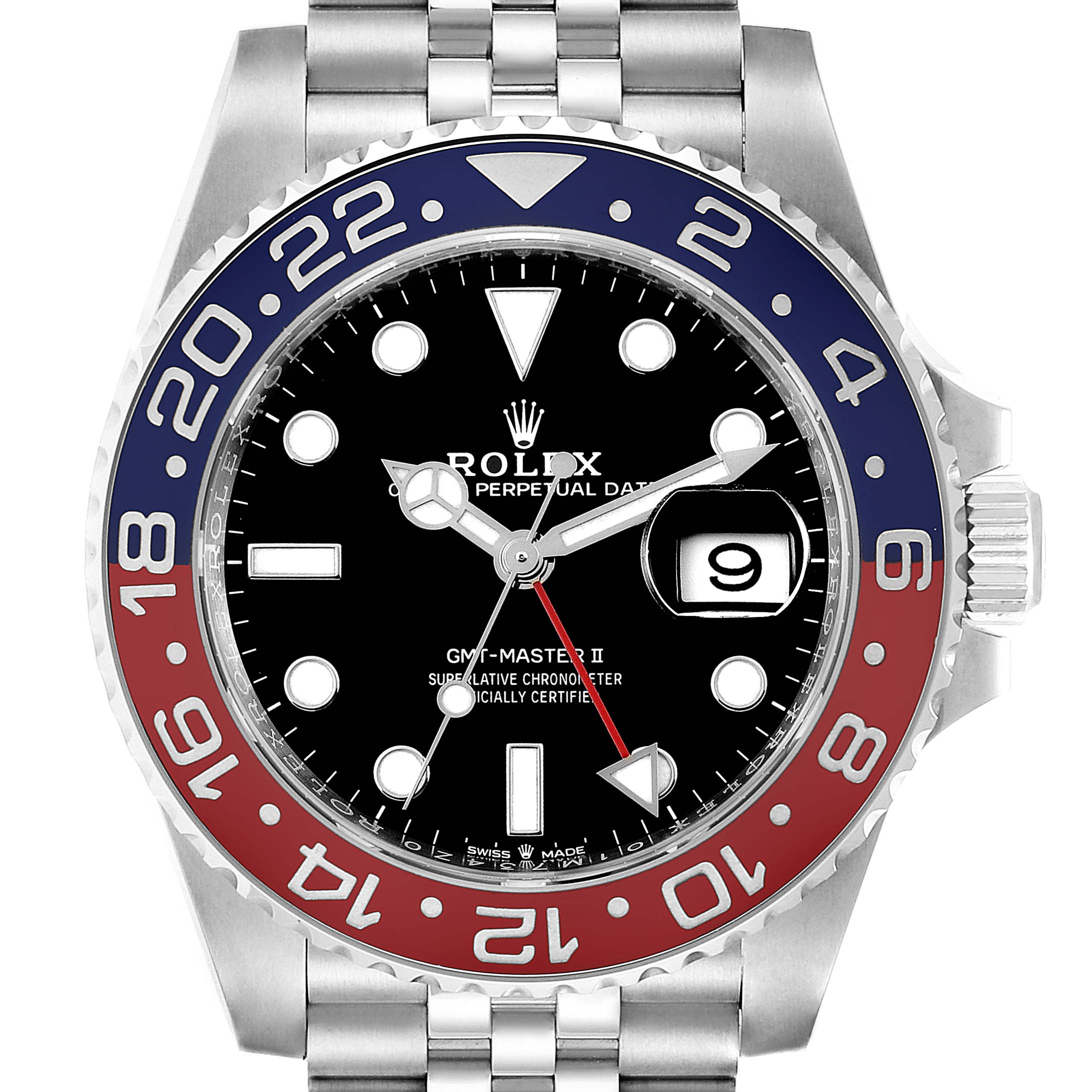 The image shows a front view of the Rolex GMT-Master 126710 Men
s Stainless Steel Black Dial 126710 Men
s Stainless Steel Black Dial II watch, highlighting the bezel, dial, and bracelet.