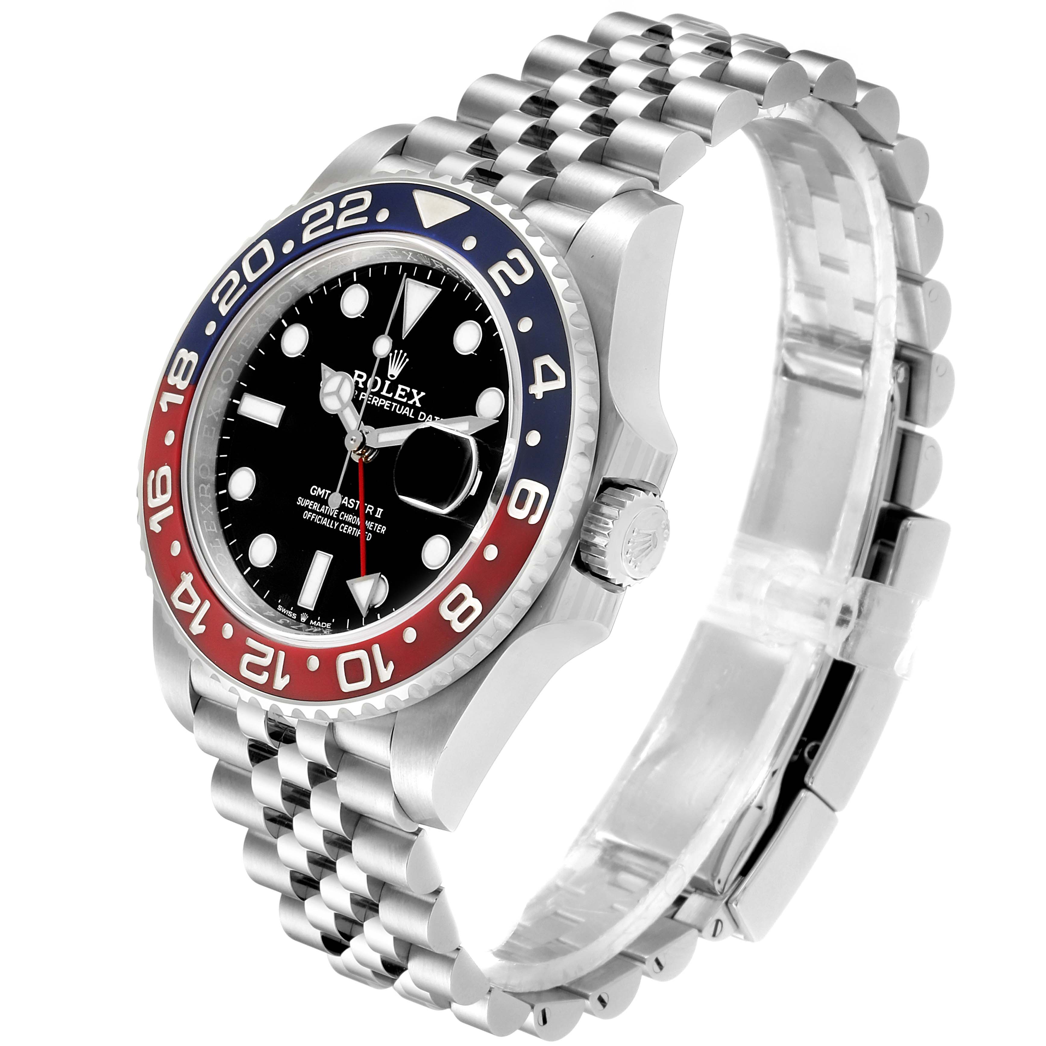 The image shows a side angle of the Rolex GMT-Master 126710 Men
s Stainless Steel Black Dial 126710 Men
s Stainless Steel Black Dial watch, highlighting its bezel, dial, crown, and Jubilee bracelet.