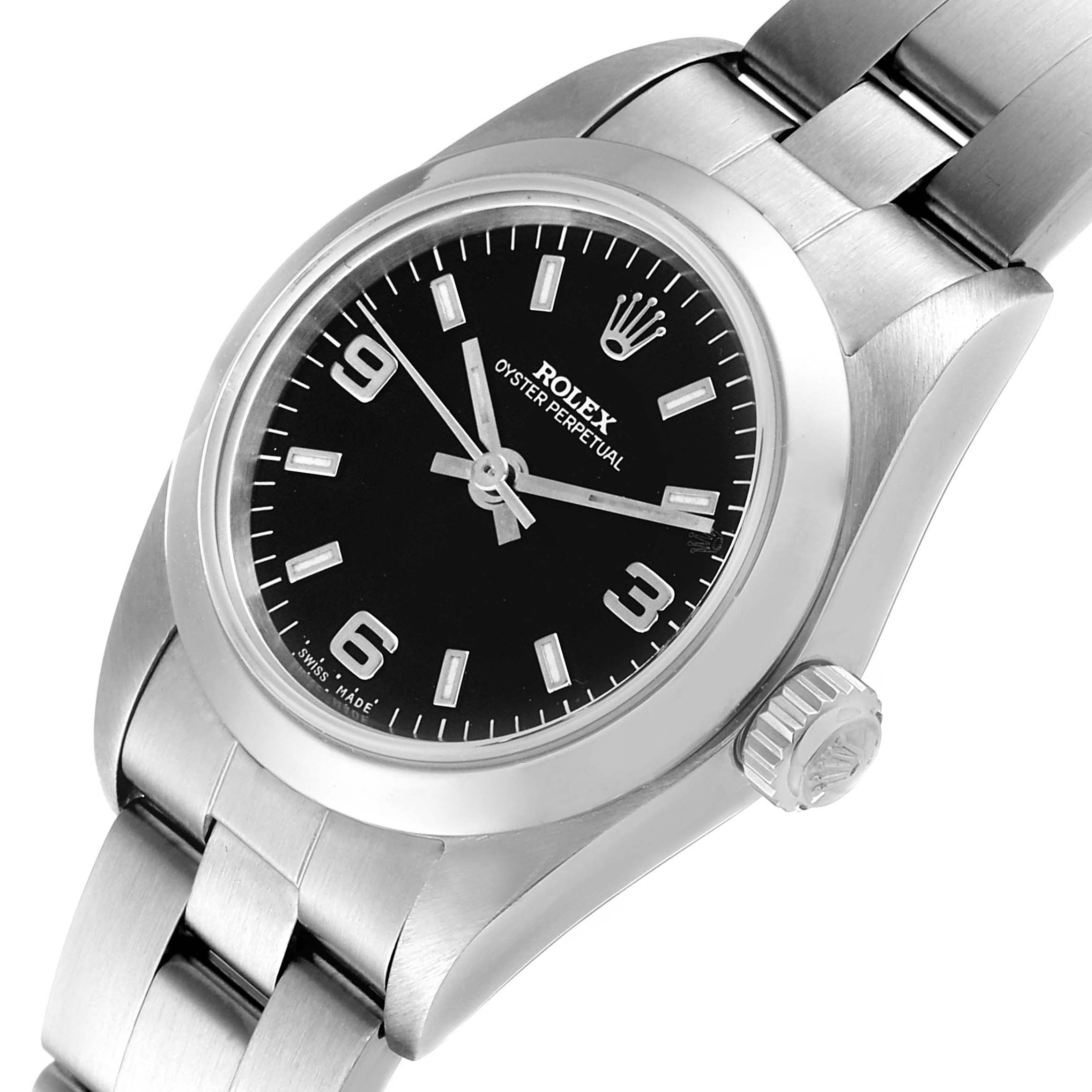 This image shows a close-up view of the Rolex Datejust 76080 Women's Stainless Steel Black Dial 76080 Women's Stainless Steel Black Dial watch, focusing on the dial, bezel, crown, and part of the bracelet.