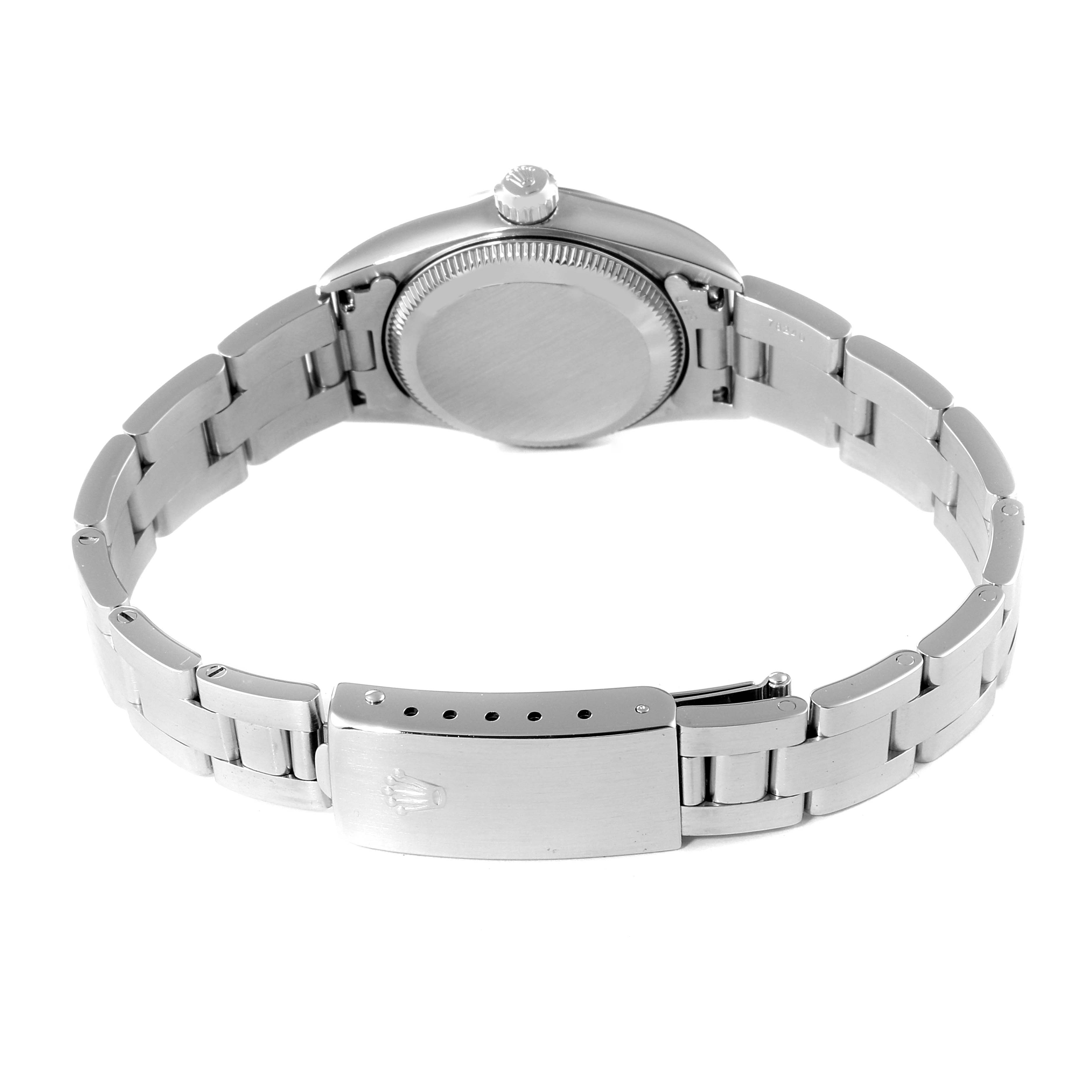 This image shows the back and clasp of a Rolex Datejust 76080 Women's Stainless Steel Black Dial 76080 Women's Stainless Steel Black Dial watch, highlighting the bracelet and case back.