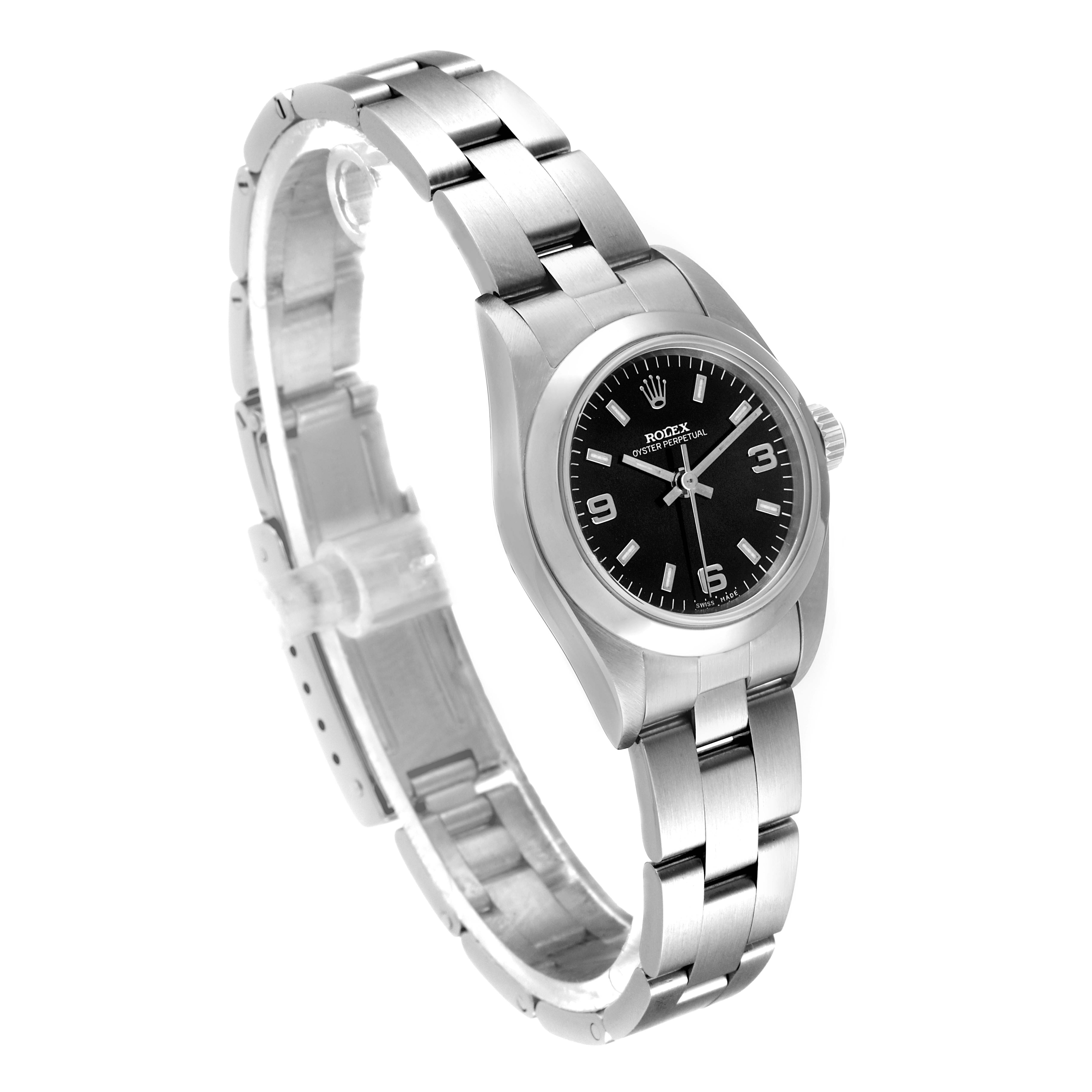 The image displays a Rolex Datejust 76080 Women's Stainless Steel Black Dial 76080 Women's Stainless Steel Black Dial watch at an angle showing the front dial and bracelet.