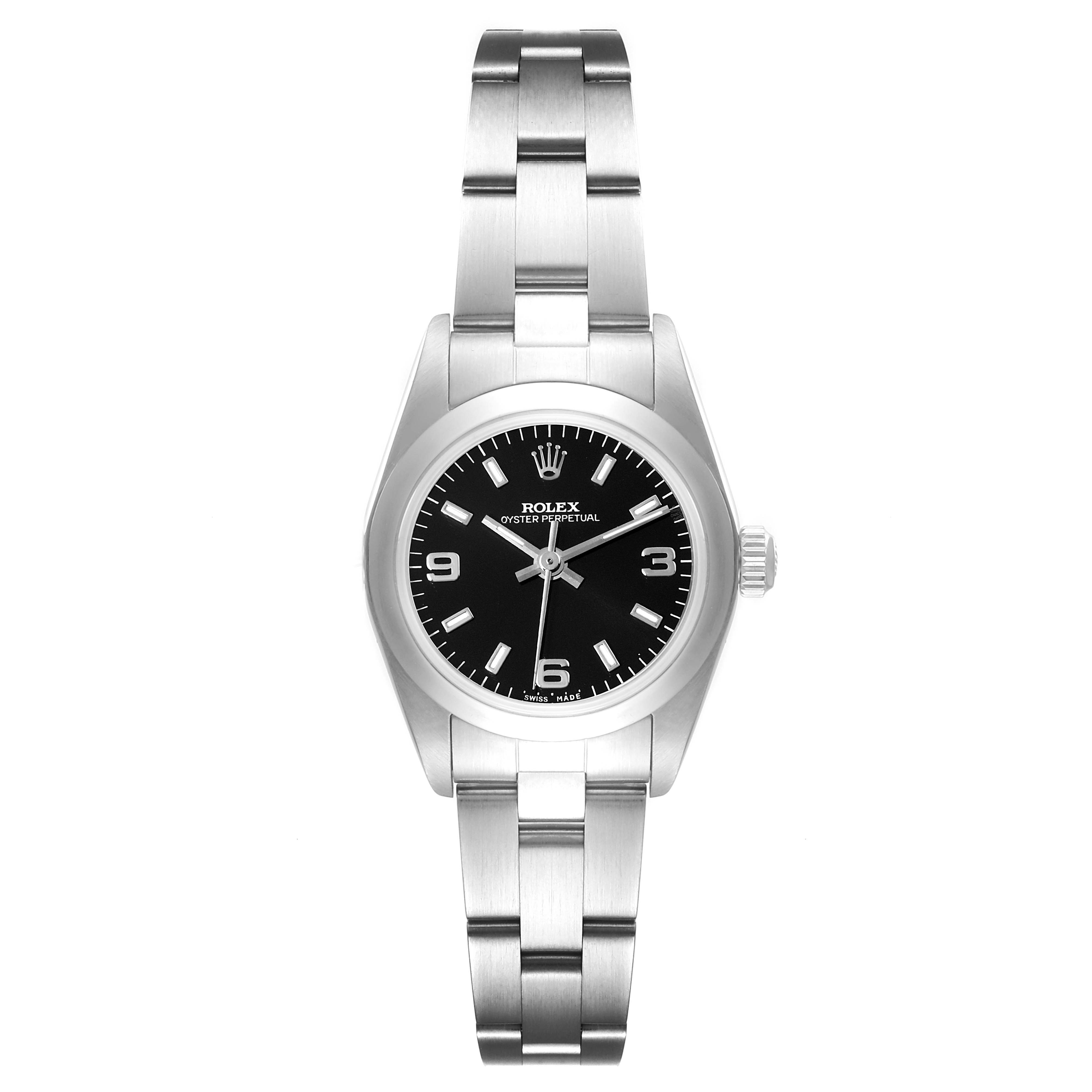 The image shows a front view of a Rolex Datejust 76080 Women's Stainless Steel Black Dial 76080 Women's Stainless Steel Black Dial watch, highlighting the face, bezel, and bracelet.