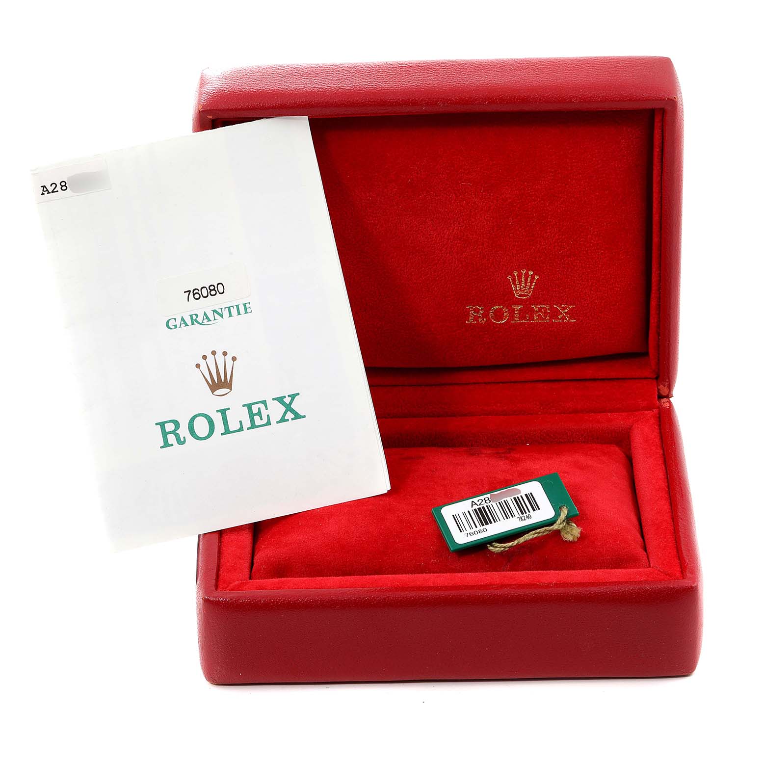 This image shows the open box and warranty booklet for a Rolex Datejust 76080 Women's Stainless Steel Black Dial 76080 Women's Stainless Steel Black Dial watch.