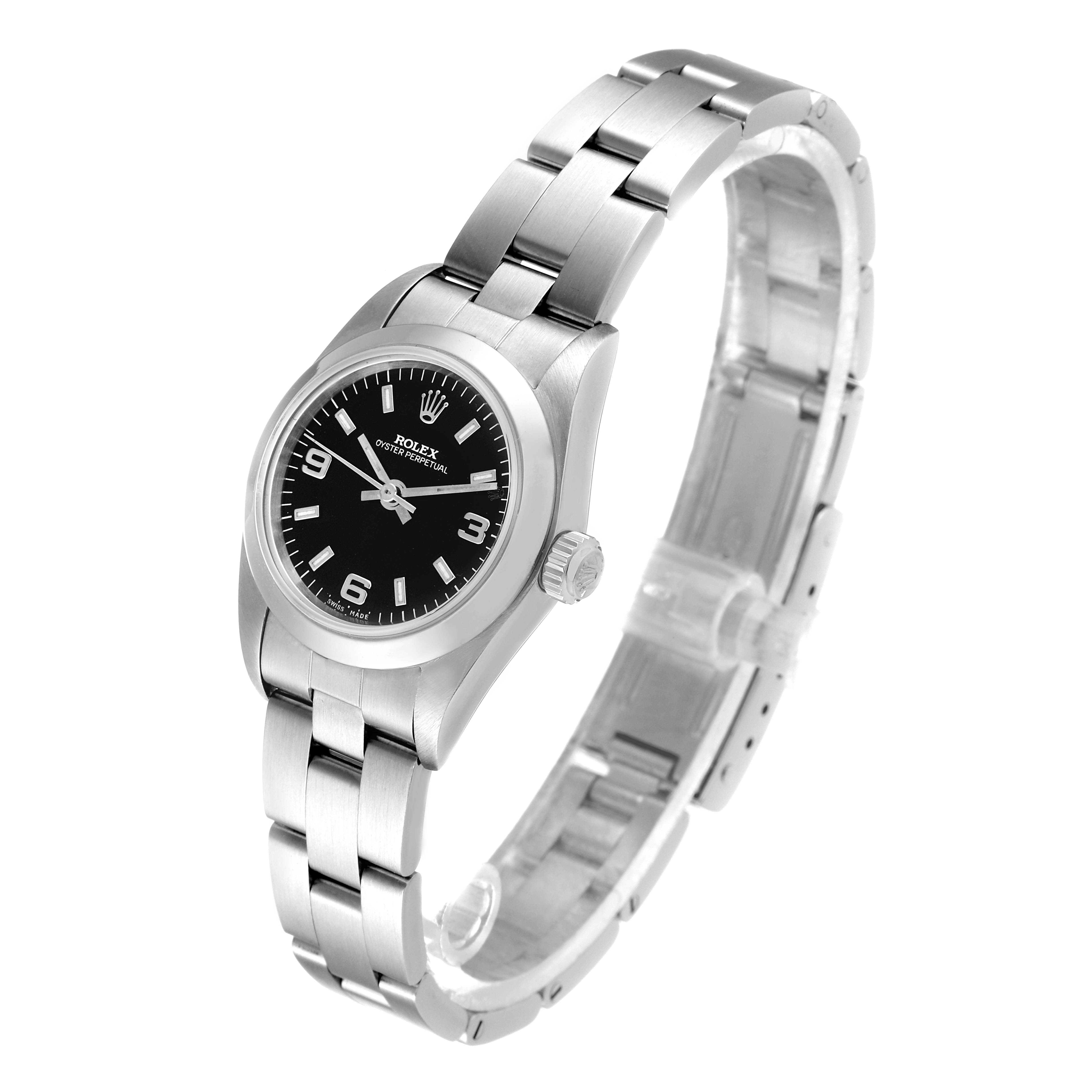 The image shows a Rolex Datejust 76080 Women's Stainless Steel Black Dial 76080 Women's Stainless Steel Black Dial watch from a front angle, displaying the dial, bezel, case, and bracelet.