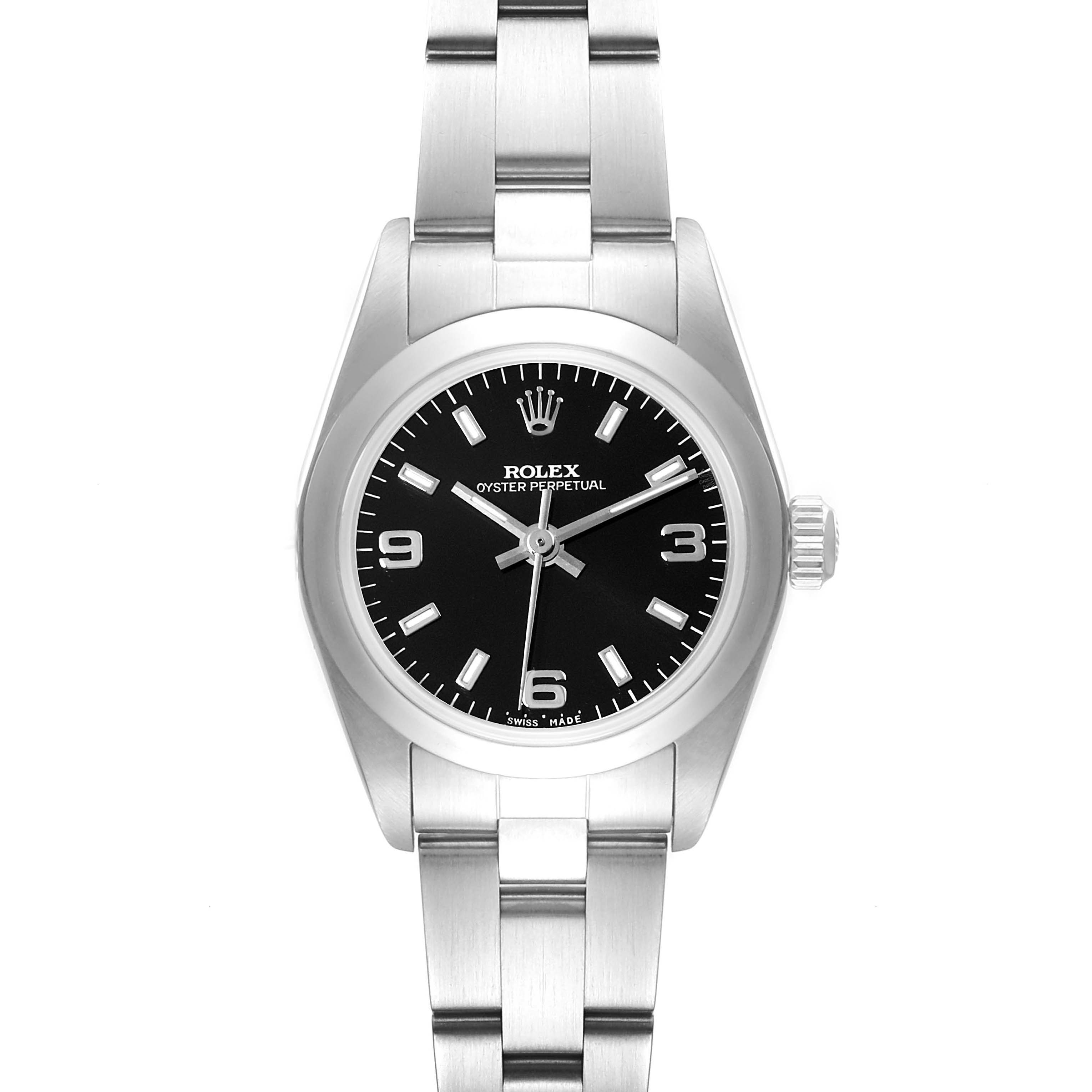 The Rolex Datejust 76080 Women's Stainless Steel Black Dial 76080 Women's Stainless Steel Black Dial watch is shown in a front-facing angle, displaying its black dial, hour markers, hands, and stainless steel bracelet.