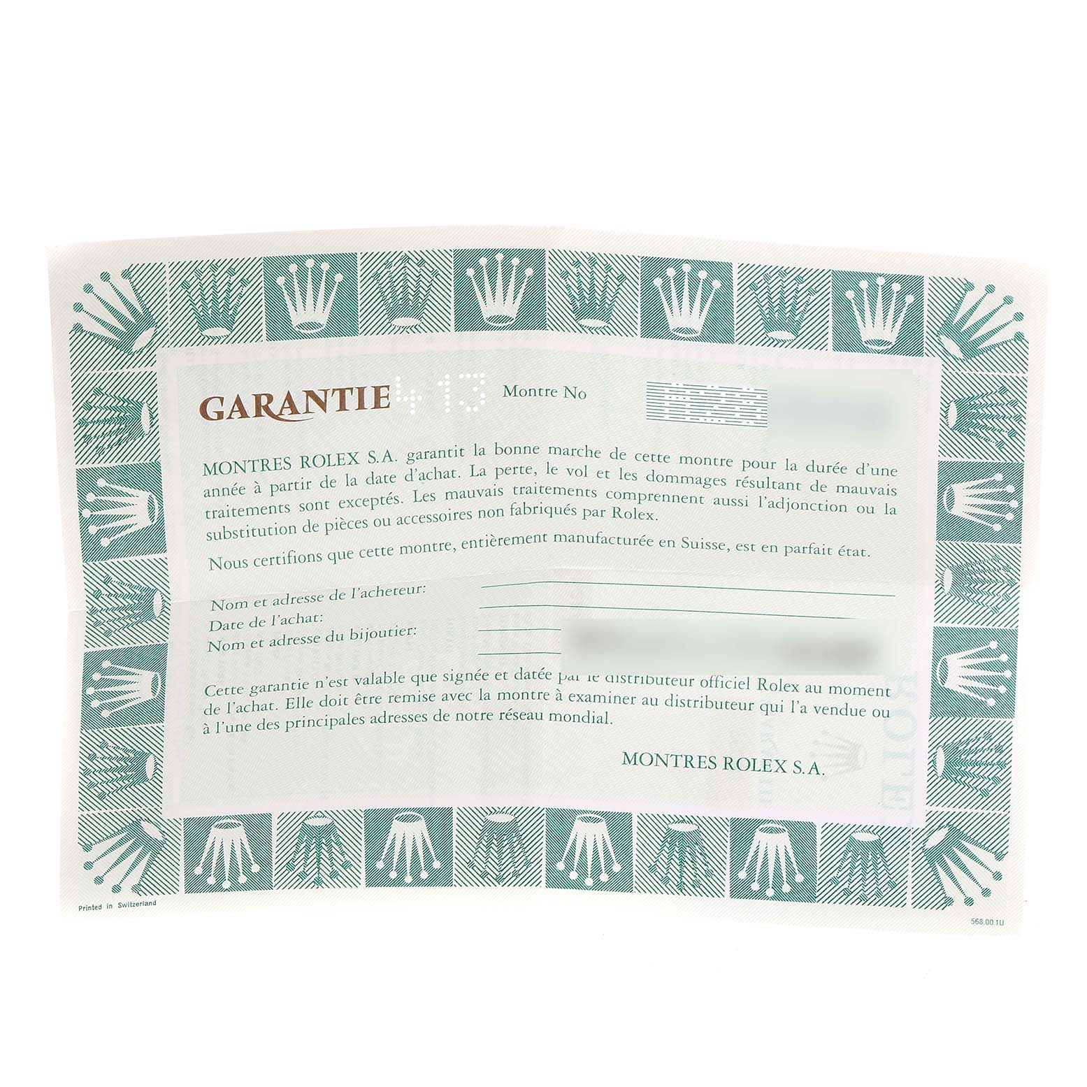 This is a warranty certificate for the Rolex Datejust 76080 Women's Stainless Steel Black Dial 76080 Women's Stainless Steel Black Dial watch model, viewed from the front.