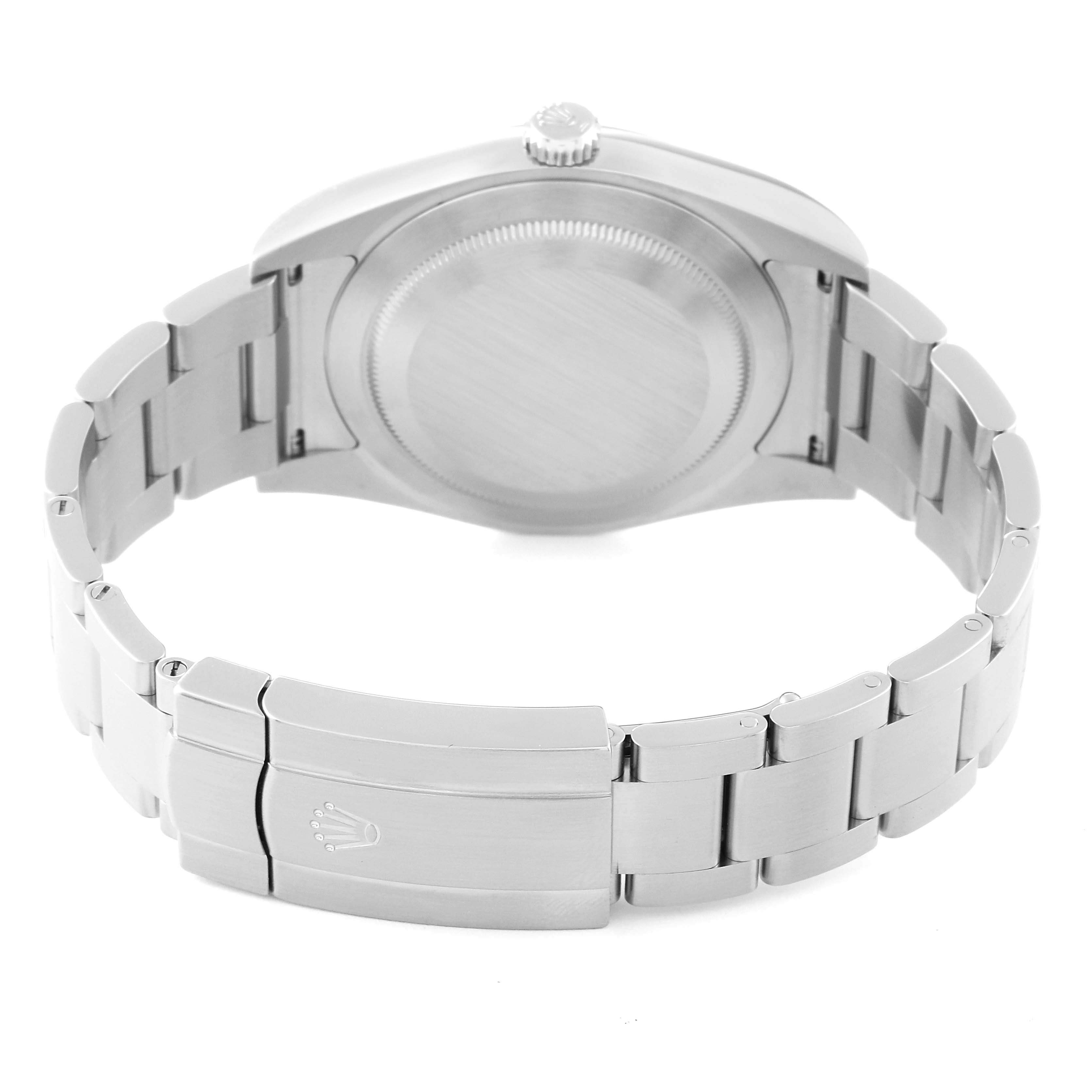 This image shows the back view of a Rolex Oyster Perpetual 114300 Men
s Stainless Steel Blue Dial 114300 Men
s Stainless Steel Blue Dial watch, highlighting its stainless steel case, bracelet, and clasp.