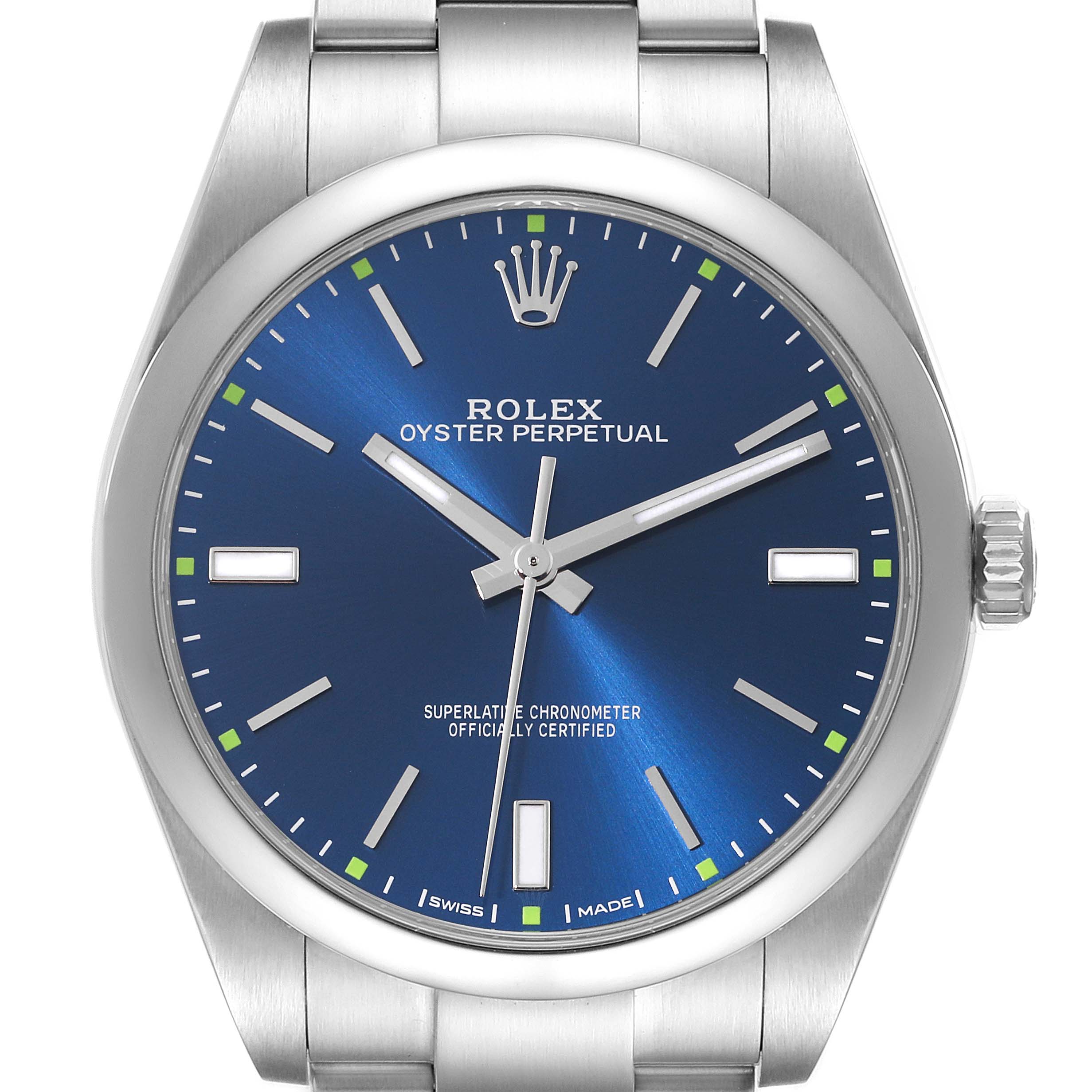 The image shows a front view of a Rolex Oyster Perpetual 114300 Men
s Stainless Steel Blue Dial 114300 Men
s Stainless Steel Blue Dial watch, highlighting its blue dial and stainless steel bracelet.