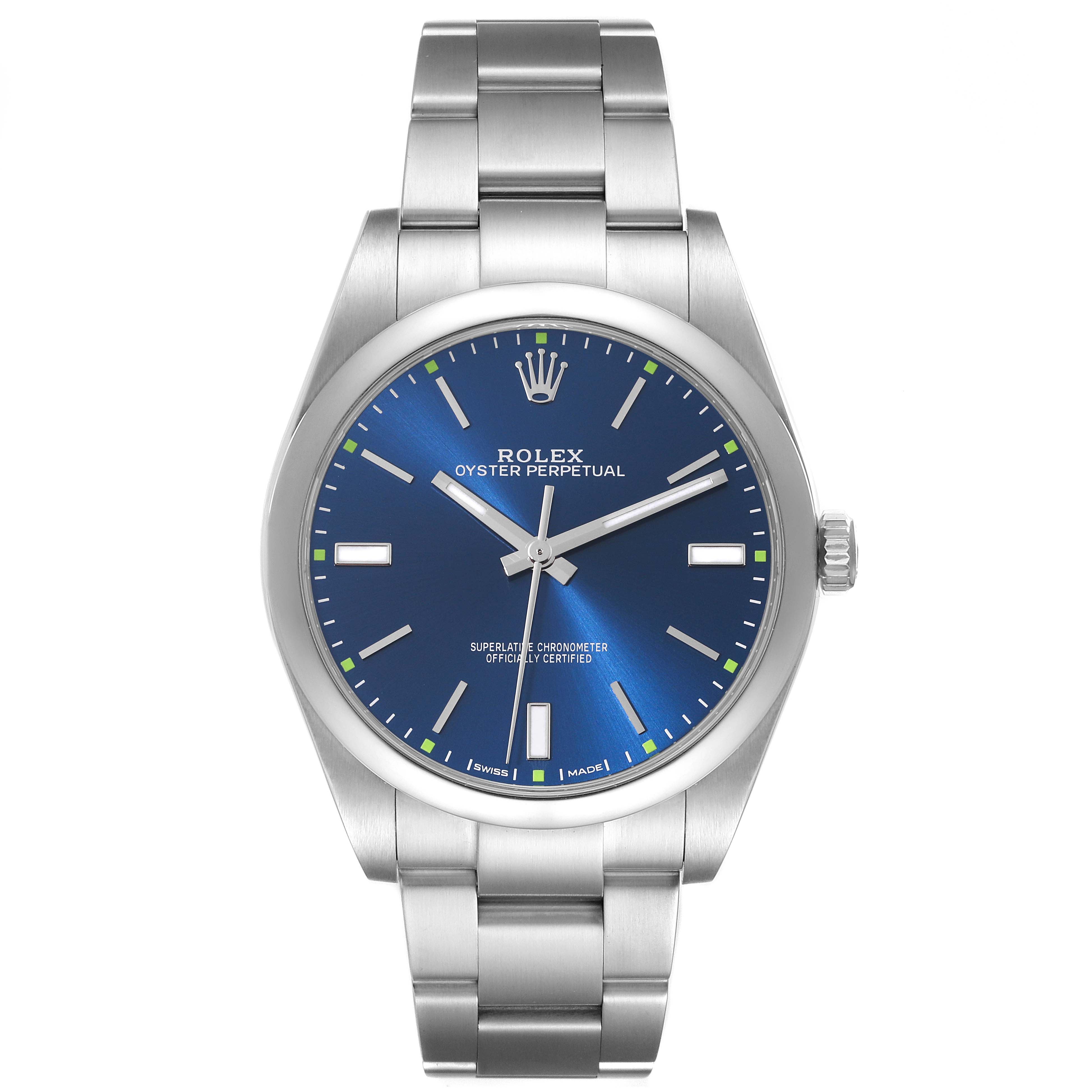 The Rolex Oyster Perpetual 114300 Men
s Stainless Steel Blue Dial 114300 Men
s Stainless Steel Blue Dial watch is shown from a front angle, highlighting its blue dial, hour markers, hands, and stainless steel bracelet.