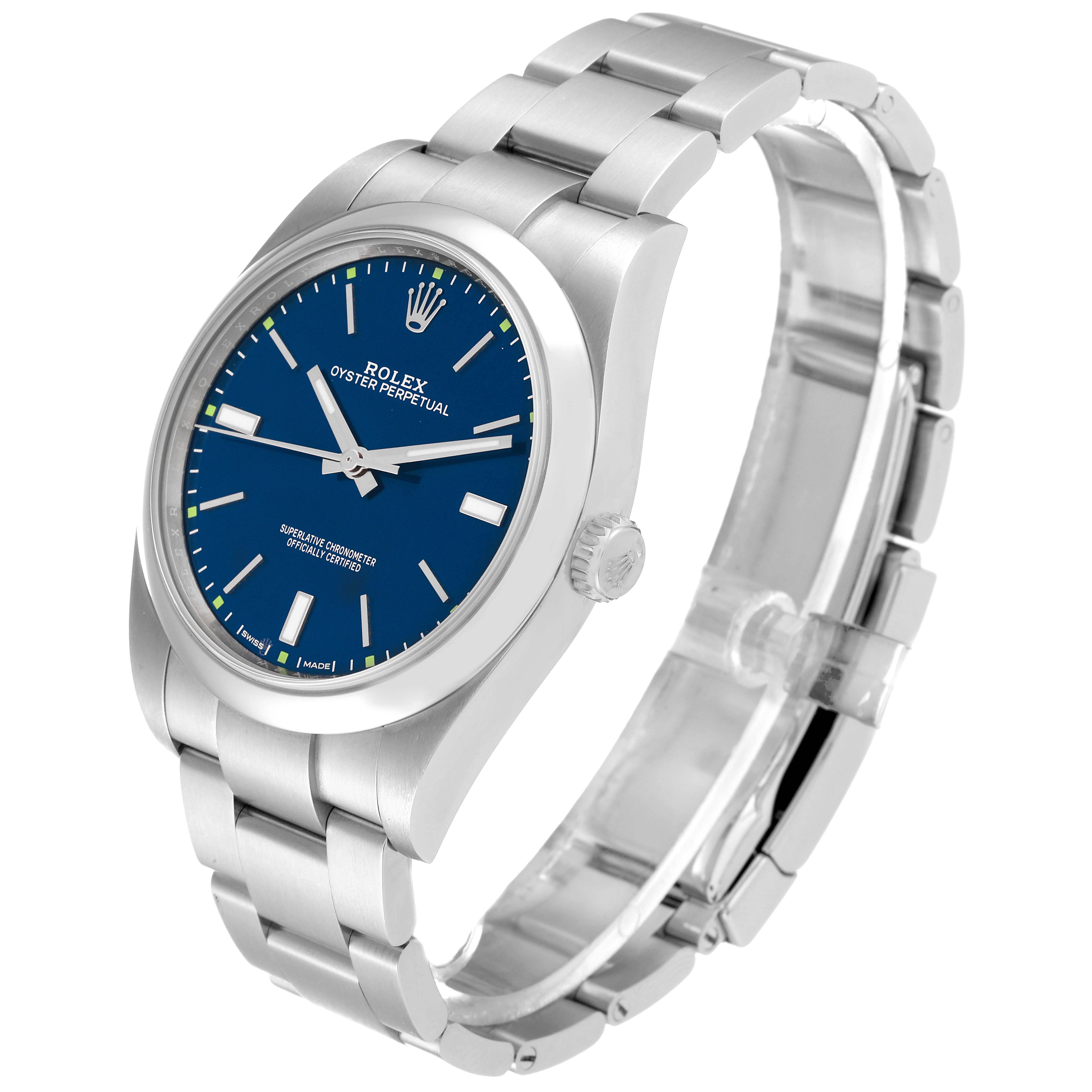 This image shows a Rolex Oyster Perpetual 114300 Men
s Stainless Steel Blue Dial 114300 Men
s Stainless Steel Blue Dial watch at an angled side view, highlighting the blue dial, crown, and bracelet.