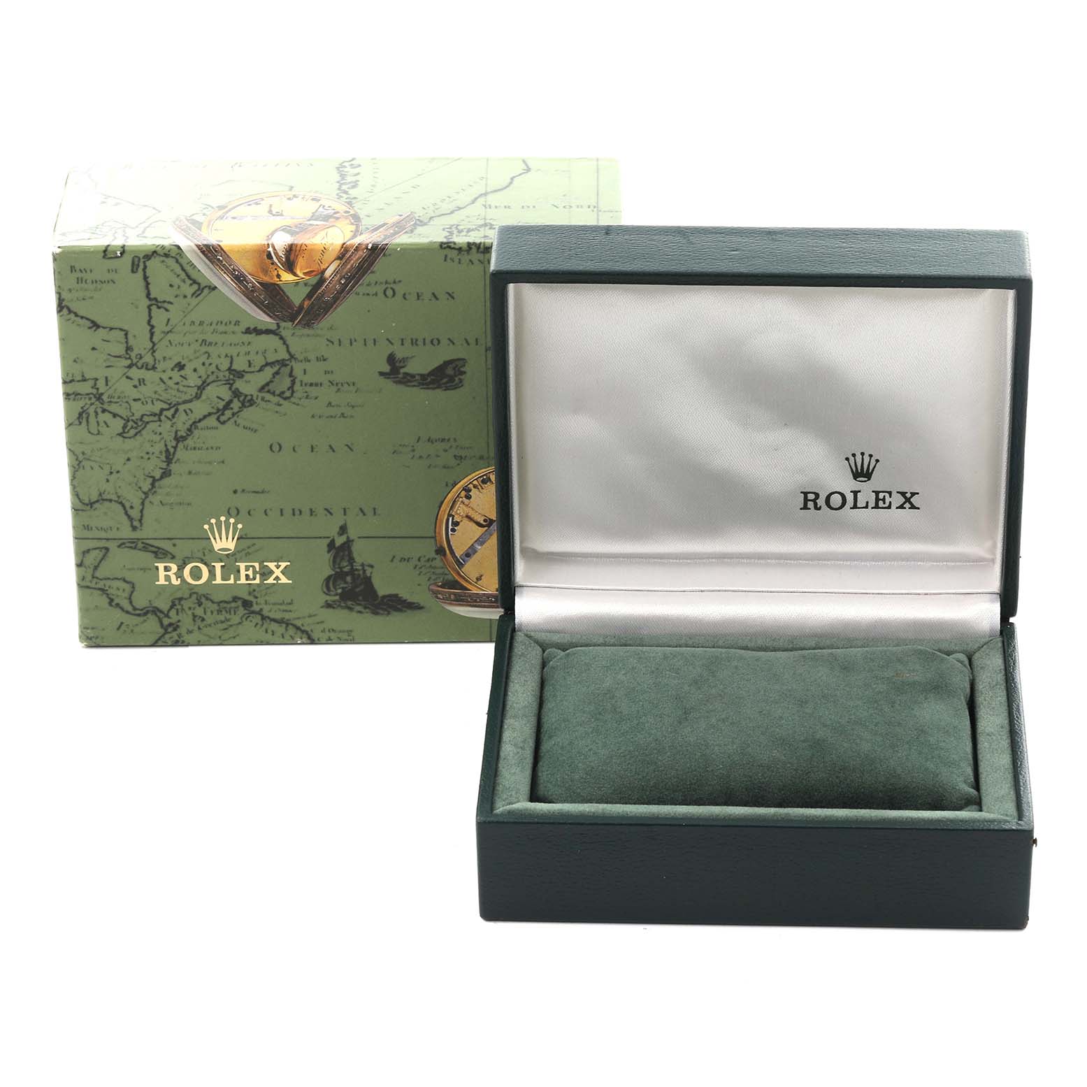 The image shows the packaging and open box for a Rolex Oyster Perpetual 76080 Women's Stainless Steel Blue Dial 76080 Women's Stainless Steel Blue Dial watch, viewed from the front.