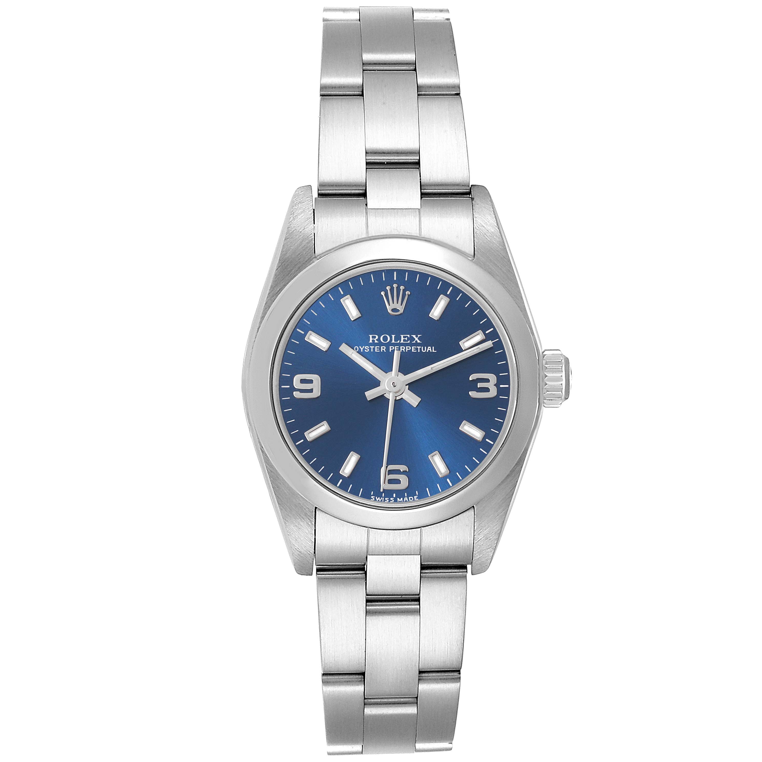 The image shows a front view of a Rolex Oyster Perpetual 76080 Women's Stainless Steel Blue Dial 76080 Women's Stainless Steel Blue Dial watch, highlighting the blue dial, case, and bracelet.