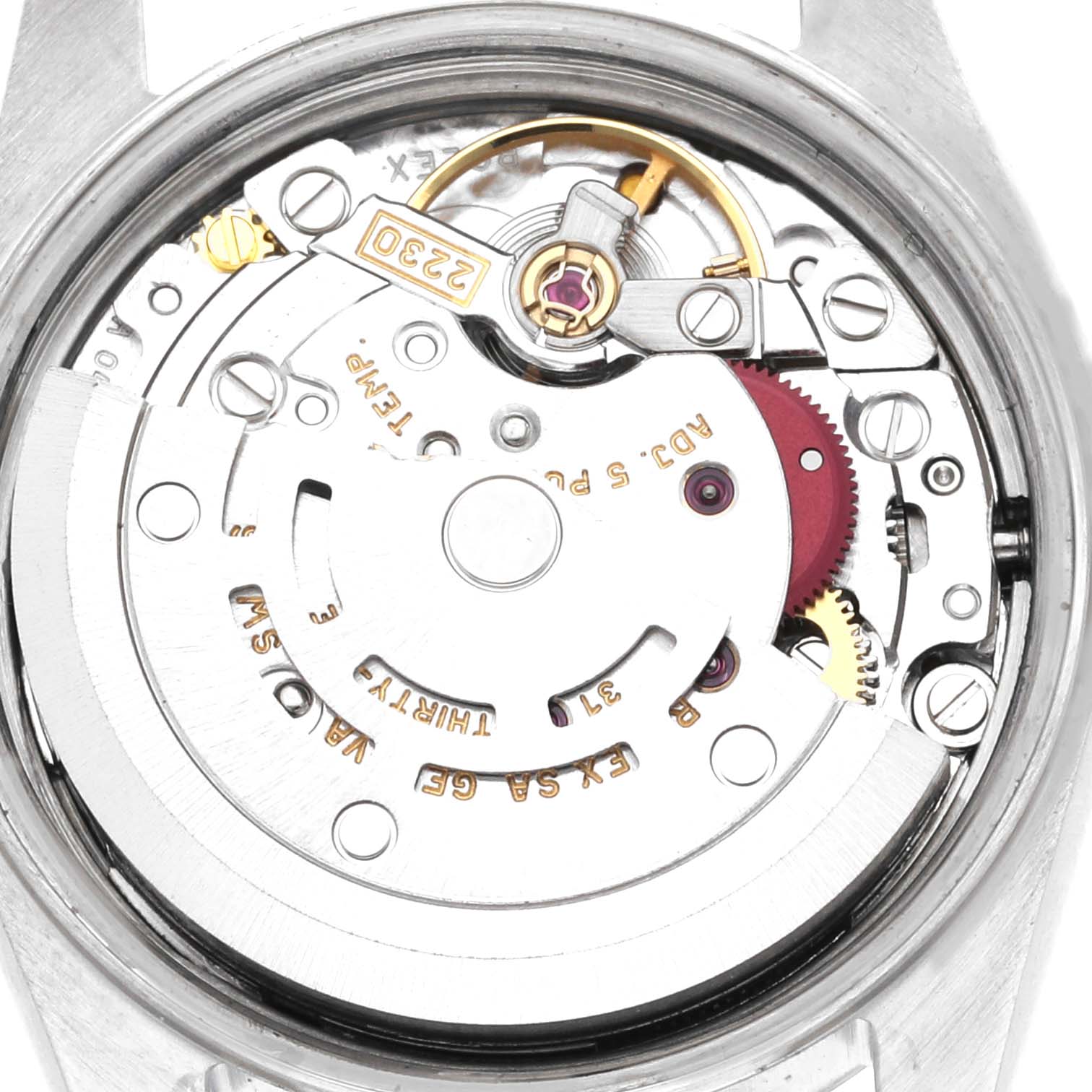 The image shows the movement of a Rolex Oyster Perpetual 76080 Women's Stainless Steel Blue Dial 76080 Women's Stainless Steel Blue Dial, viewed from the case back, displaying gears and mechanical components.