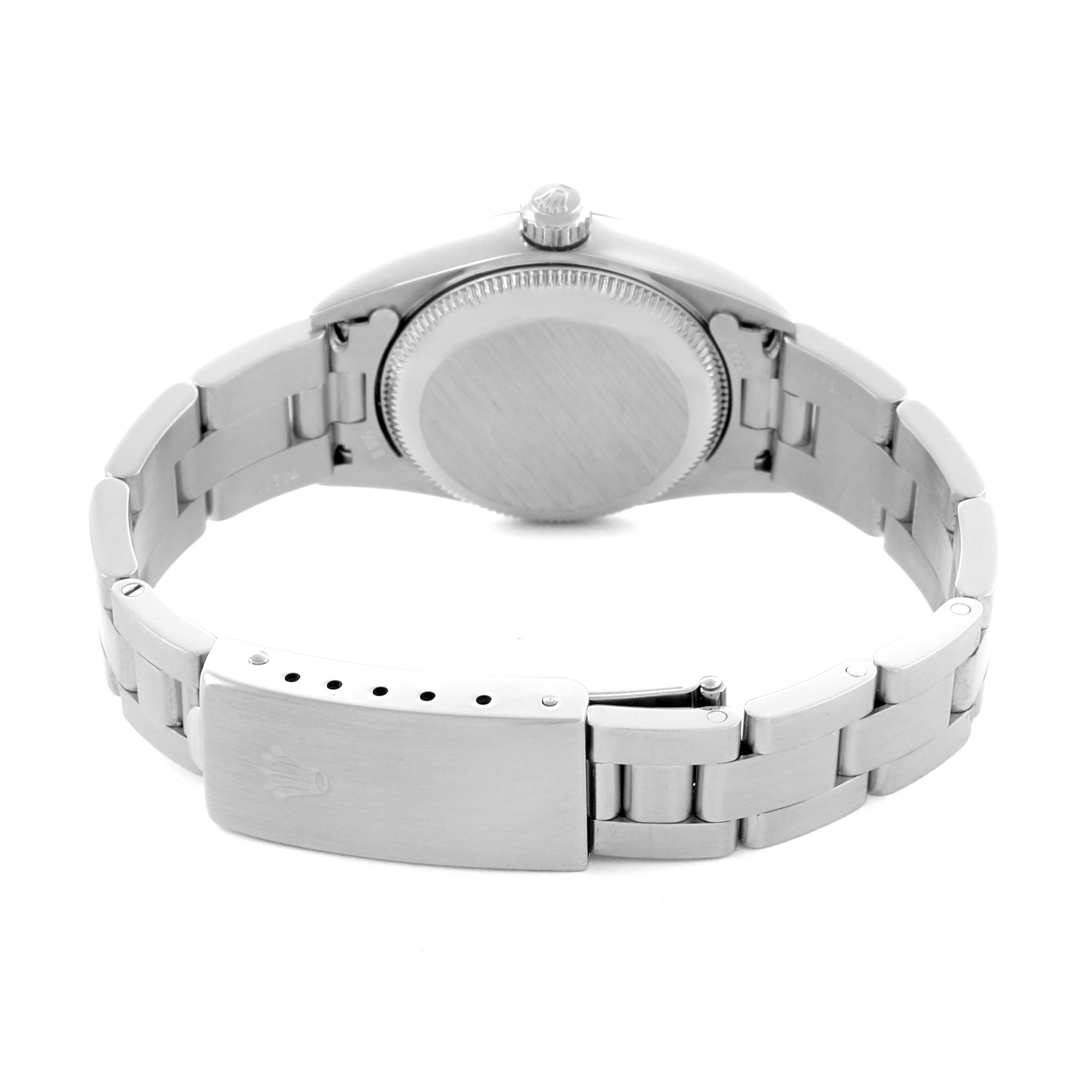 The image shows the back view of a Rolex Oyster Perpetual 76080 Women's Stainless Steel Blue Dial 76080 Women's Stainless Steel Blue Dial, highlighting the bracelet, clasp, and case back.