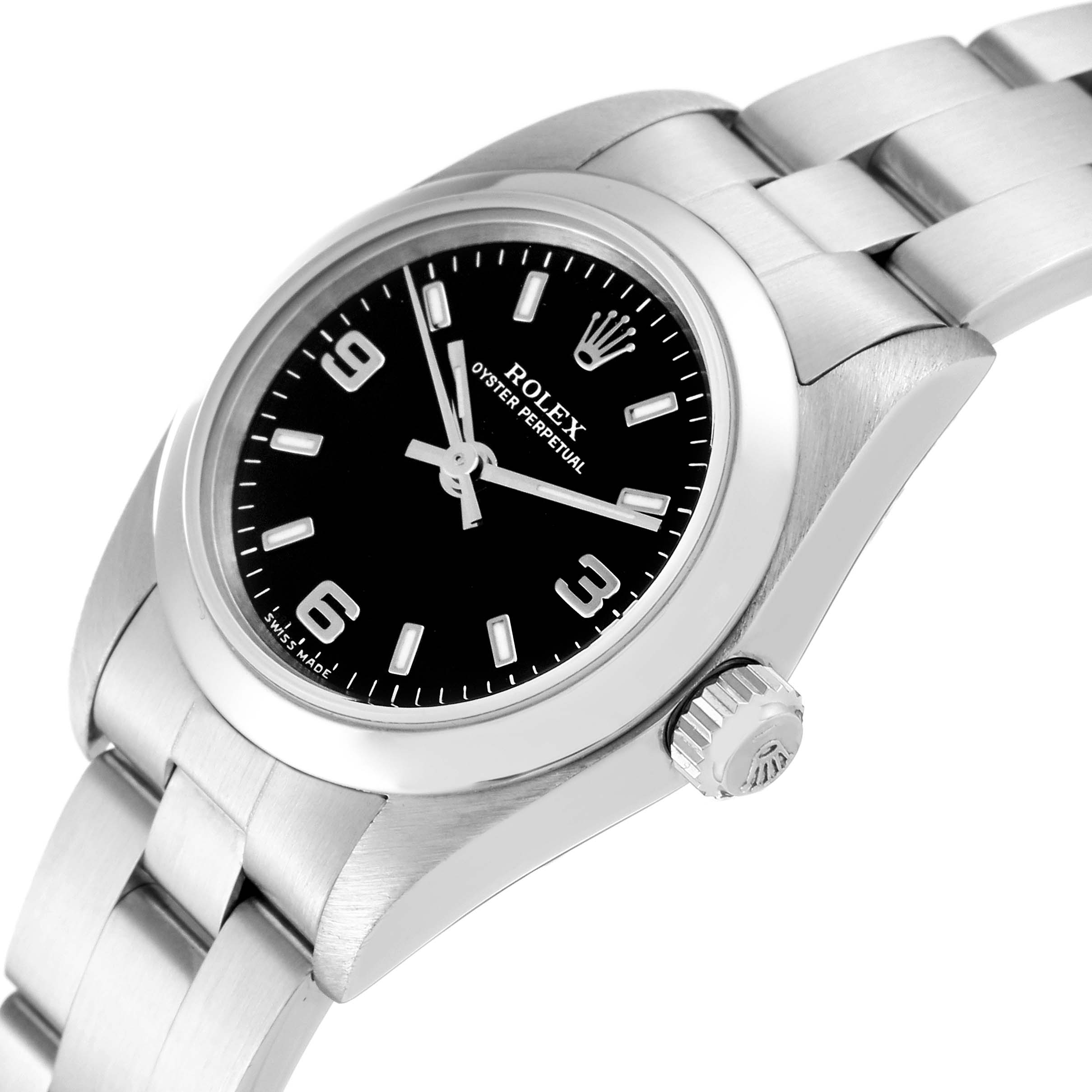 The Rolex Oyster Perpetual 76080 Women's Stainless Steel Black Dial 76080 Women's Stainless Steel Black Dial watch is shown from an angled side view, highlighting the black dial, crown, and part of the bracelet.