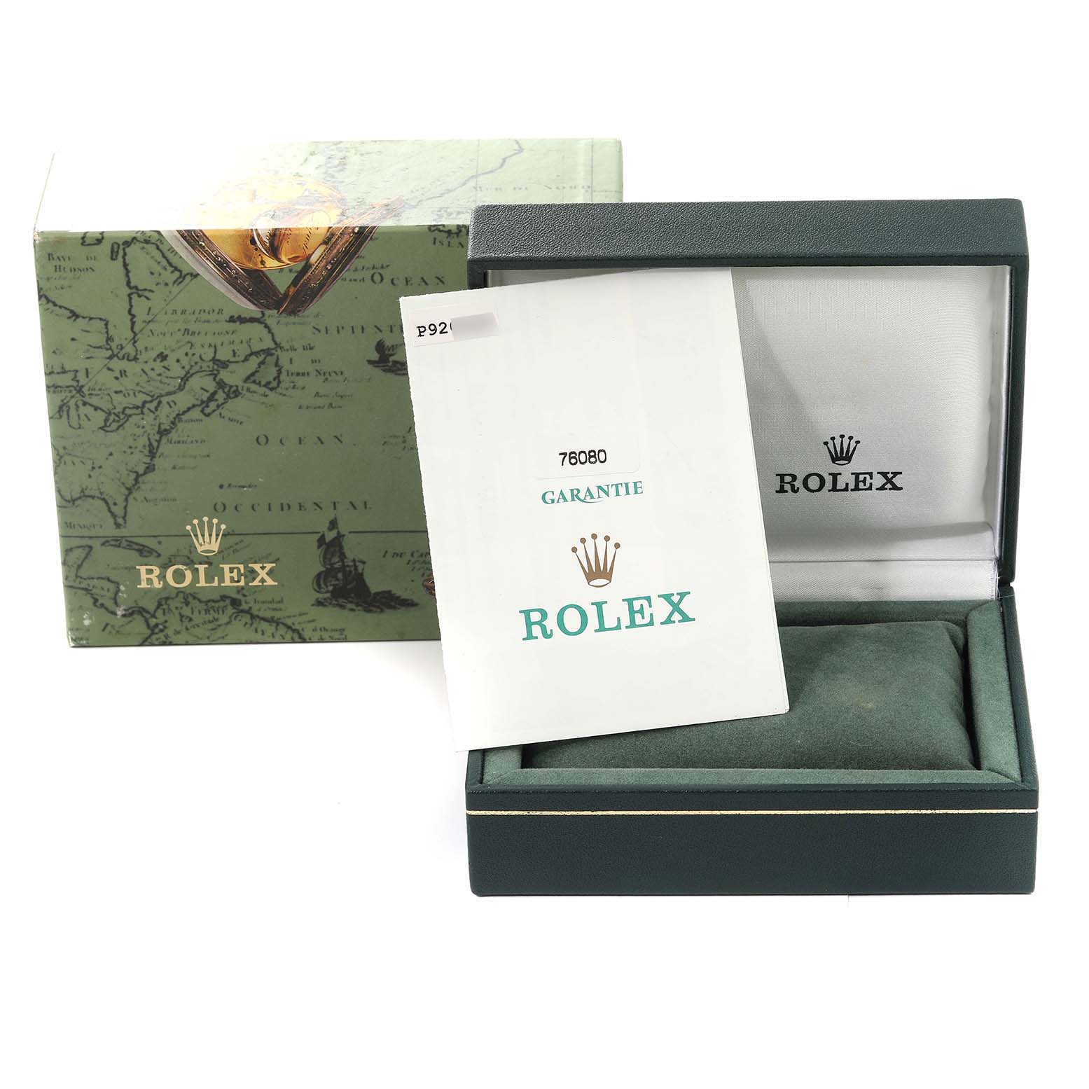 The image shows a Rolex Oyster Perpetual 76080 Women's Stainless Steel Black Dial 76080 Women's Stainless Steel Black Dial watch box with its warranty card displayed next to it.