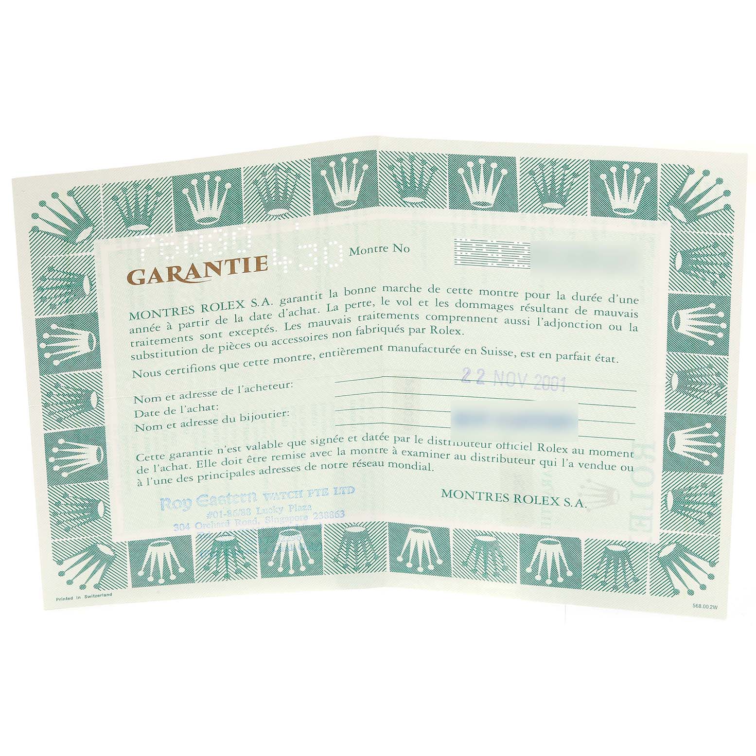 The image shows an opened warranty card for a Rolex Oyster Perpetual 76080 Women's Stainless Steel Black Dial 76080 Women's Stainless Steel Black Dial watch.