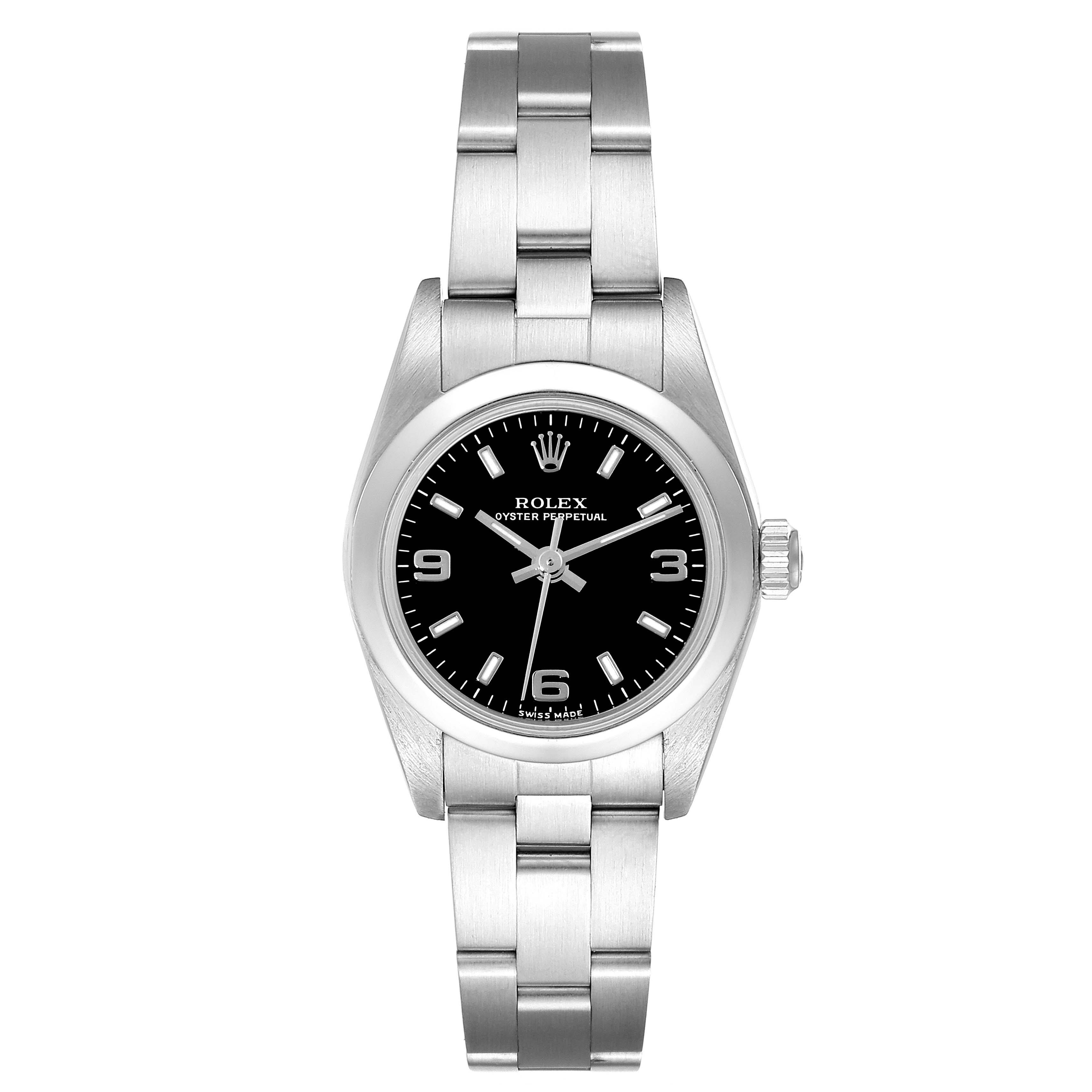 This image shows a front view of a Rolex Oyster Perpetual 76080 Women's Stainless Steel Black Dial 76080 Women's Stainless Steel Black Dial watch, displaying its dial, bezel, case, and bracelet.