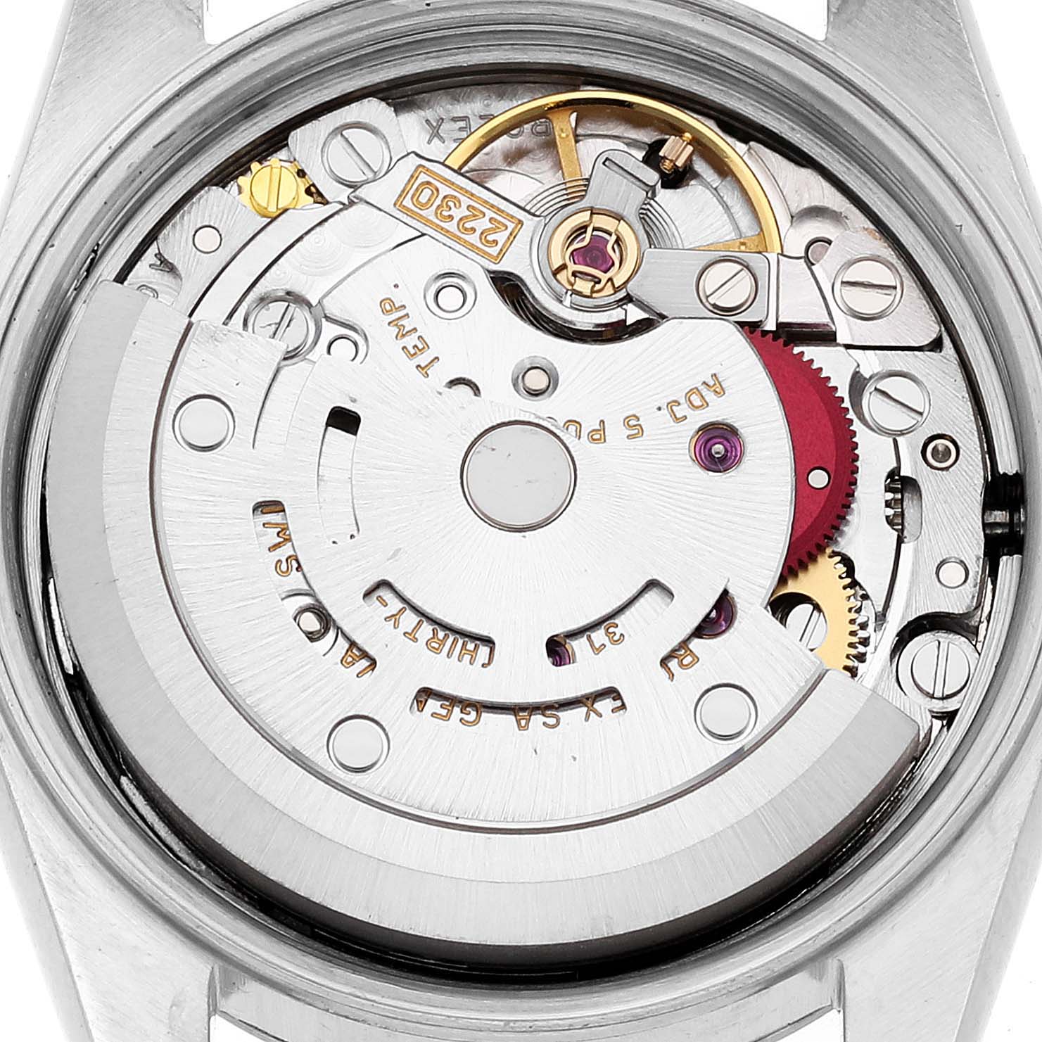 The image shows the internal mechanism of a Rolex Oyster Perpetual 76080 Women's Stainless Steel Black Dial 76080 Women's Stainless Steel Black Dial watch, viewed from the back.
