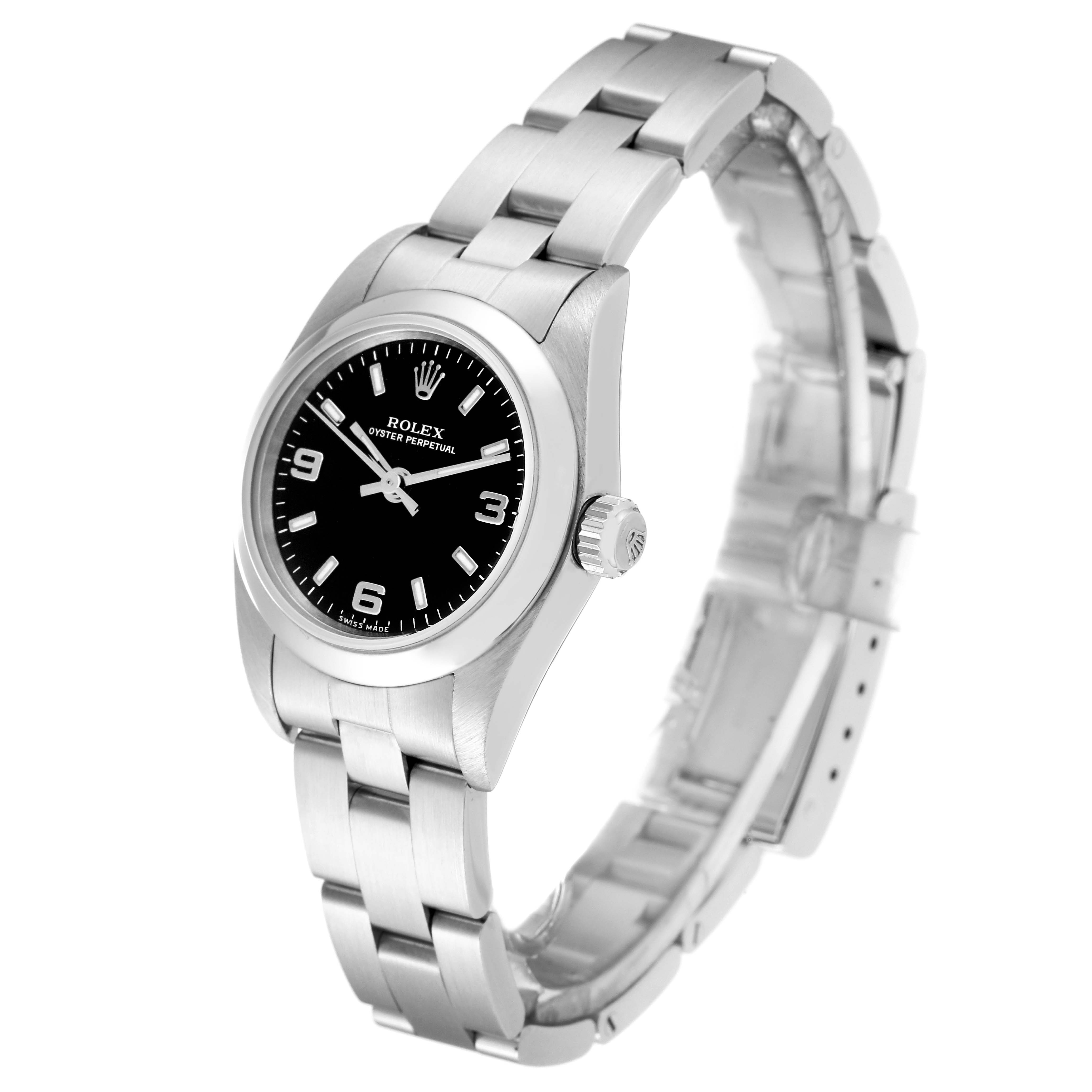 The image shows a Rolex Oyster Perpetual 76080 Women's Stainless Steel Black Dial 76080 Women's Stainless Steel Black Dial watch from a front-side angle, highlighting the face, crown, and bracelet.