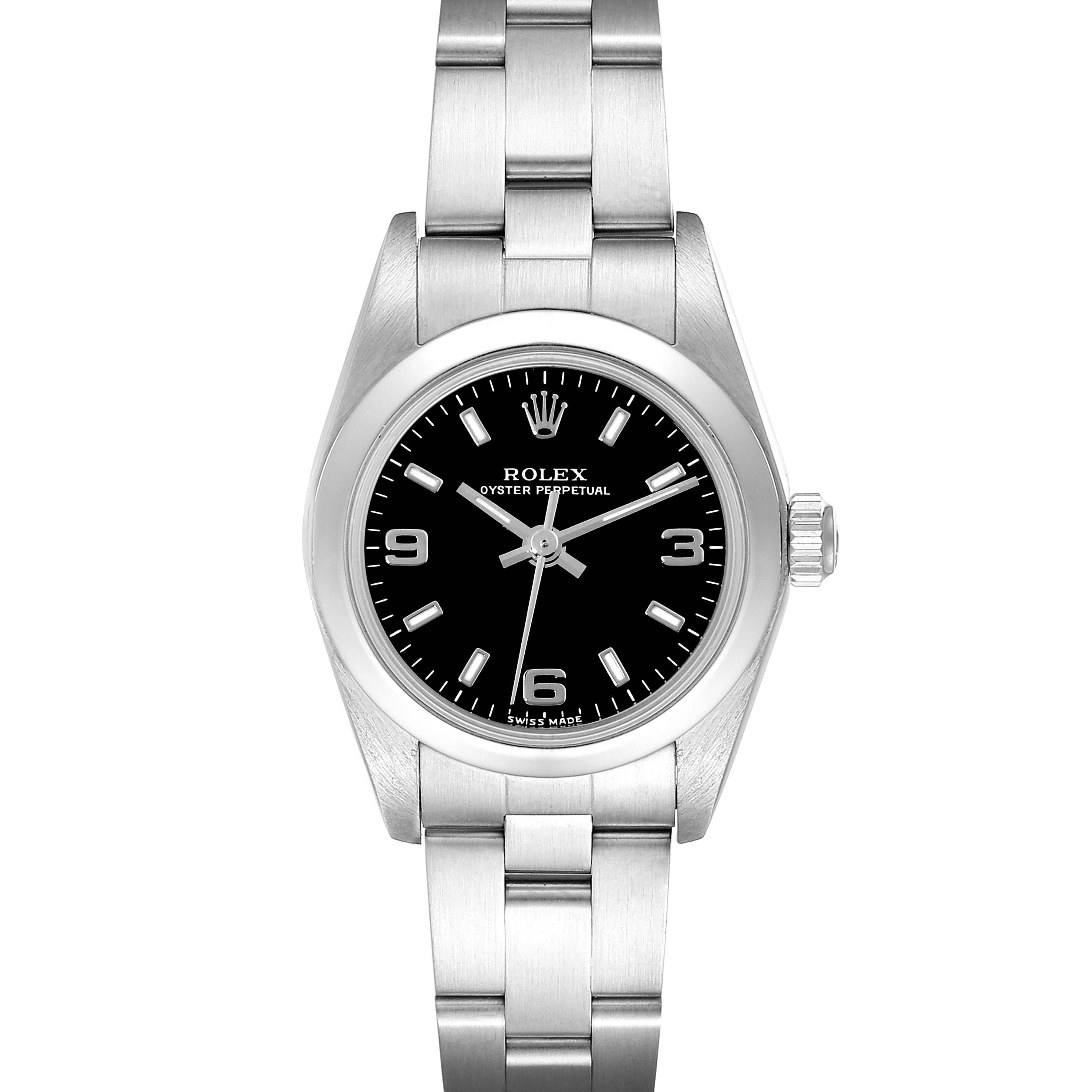 This image shows a front view of the Rolex Oyster Perpetual 76080 Women's Stainless Steel Black Dial 76080 Women's Stainless Steel Black Dial watch, displaying its black dial, silver bracelet, and crown.