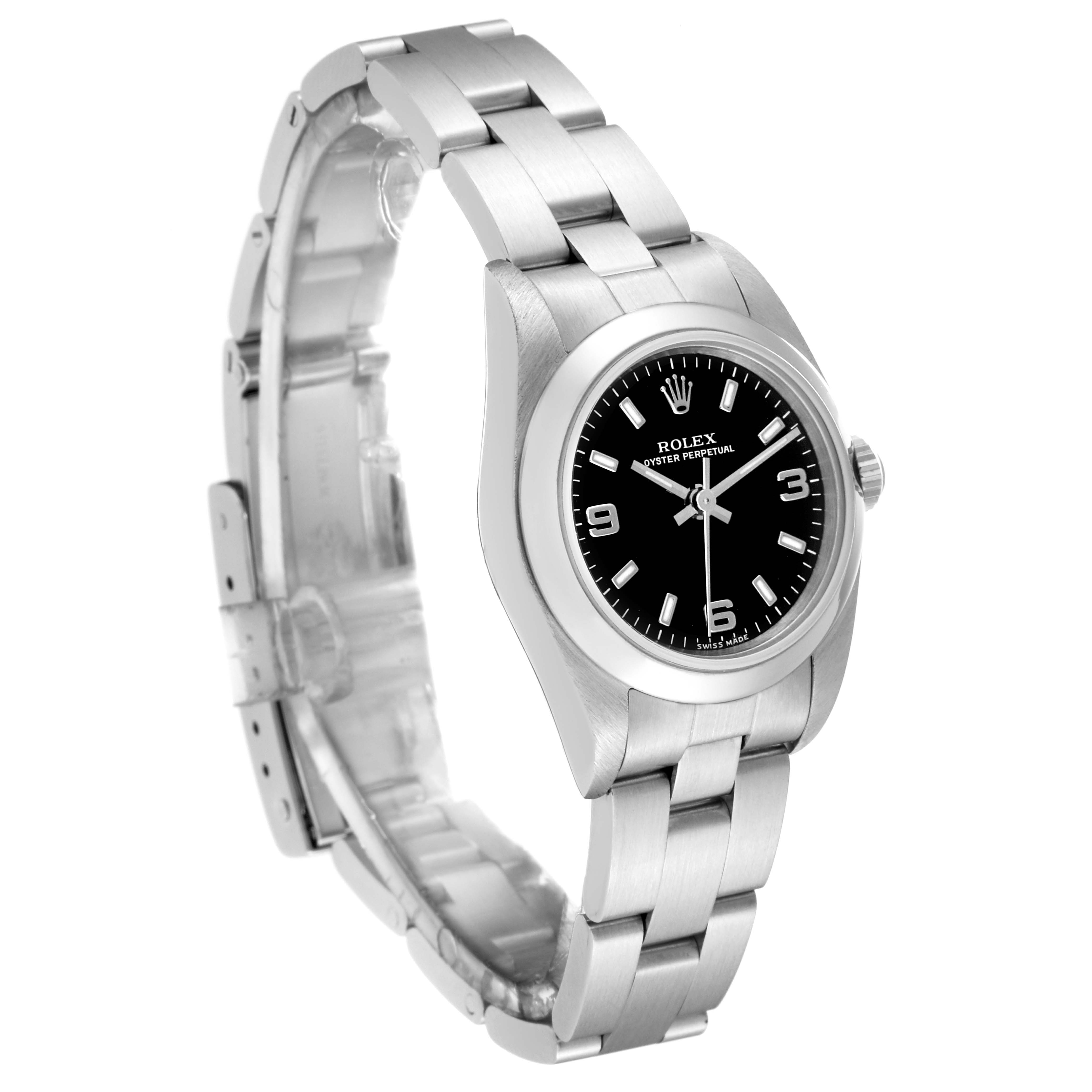 The image shows a Rolex Oyster Perpetual 76080 Women's Stainless Steel Black Dial 76080 Women's Stainless Steel Black Dial watch at a three-quarter angle, highlighting the bracelet, case, and dial.