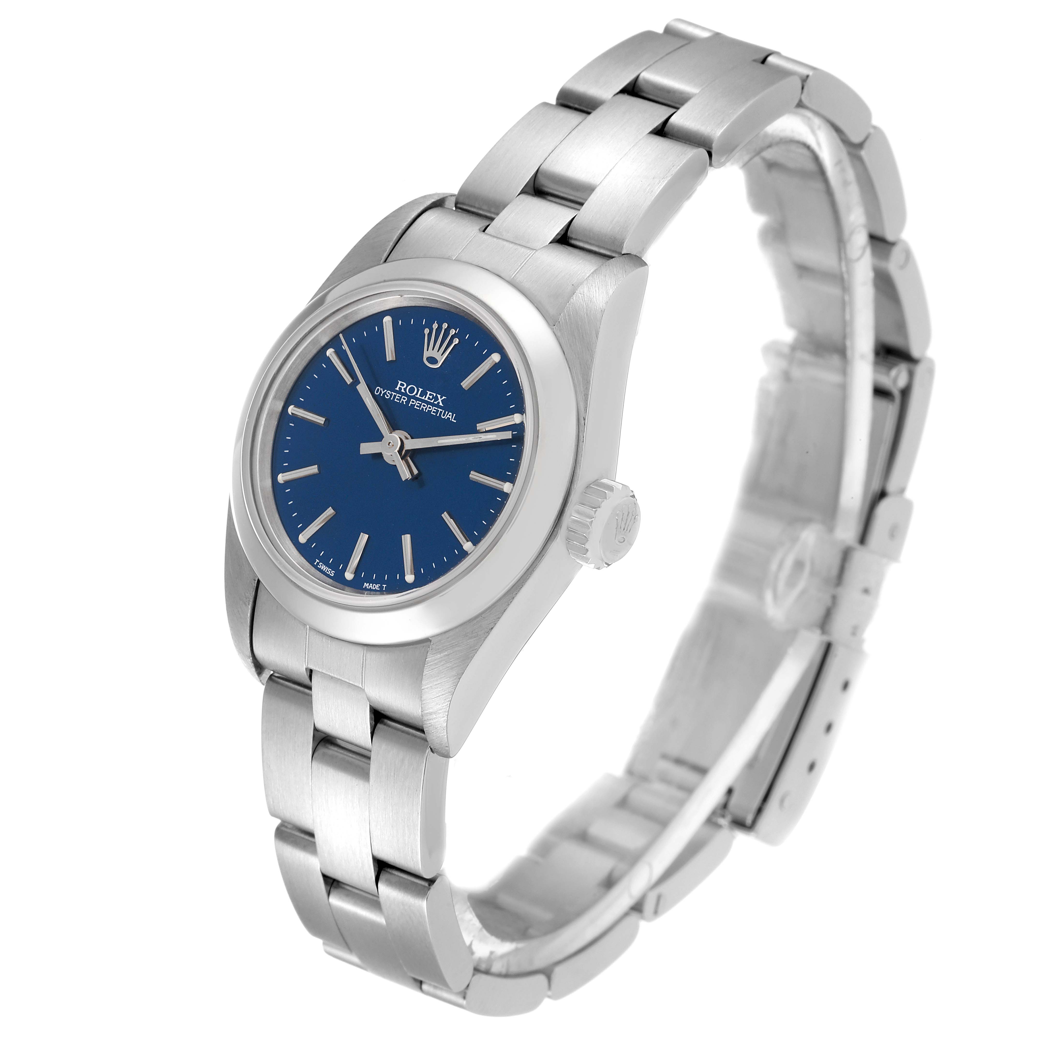 This image shows a Rolex Oyster Perpetual 67180 Women
s Stainless Steel Blue Dial 67180 Women
s Stainless Steel Blue Dial watch from a three-quarter angle, highlighting the bracelet, dial, and crown.