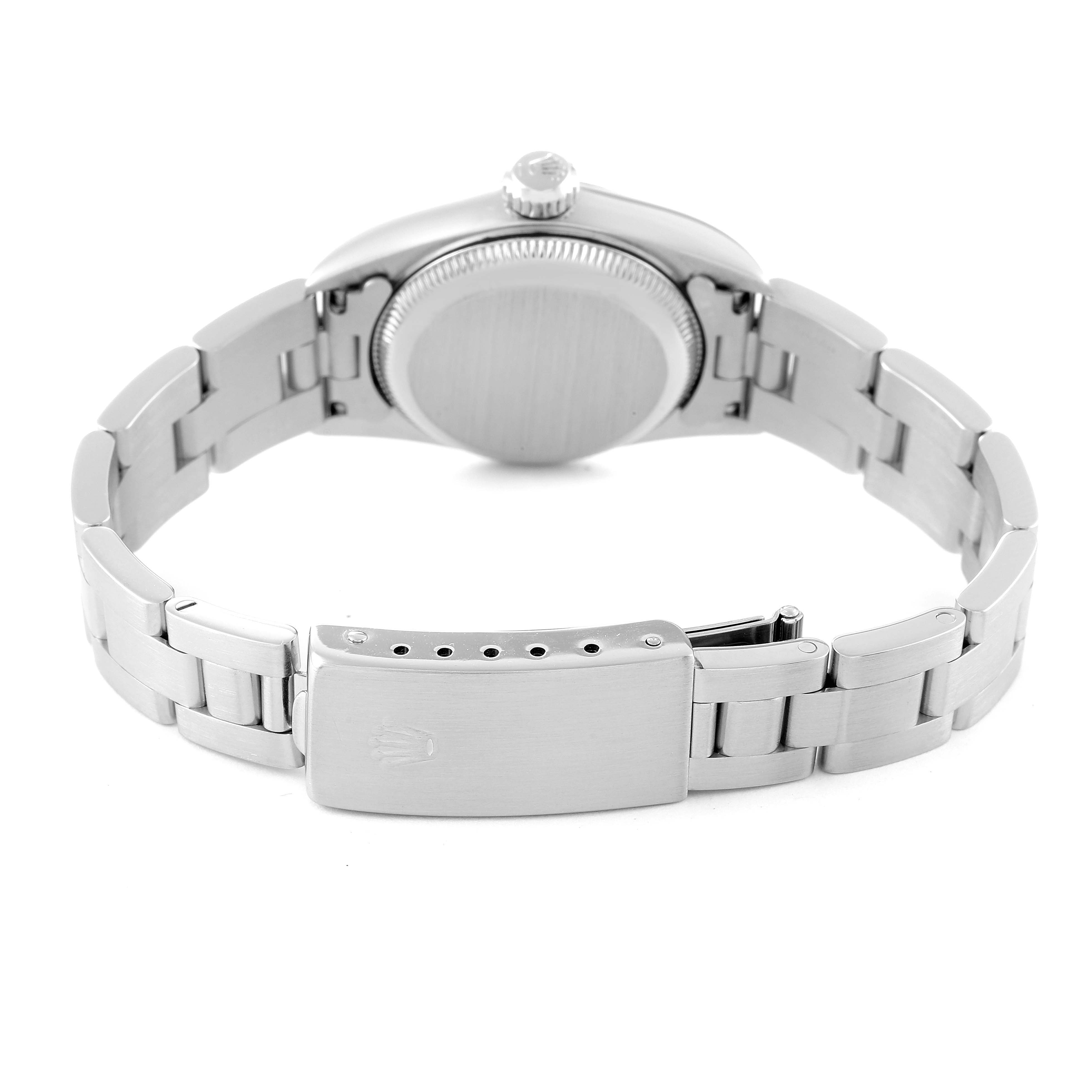 This image shows the back and clasp of a Rolex Oyster Perpetual 67180 Women
s Stainless Steel Blue Dial 67180 Women
s Stainless Steel Blue Dial watch, highlighting its band and closed case back.