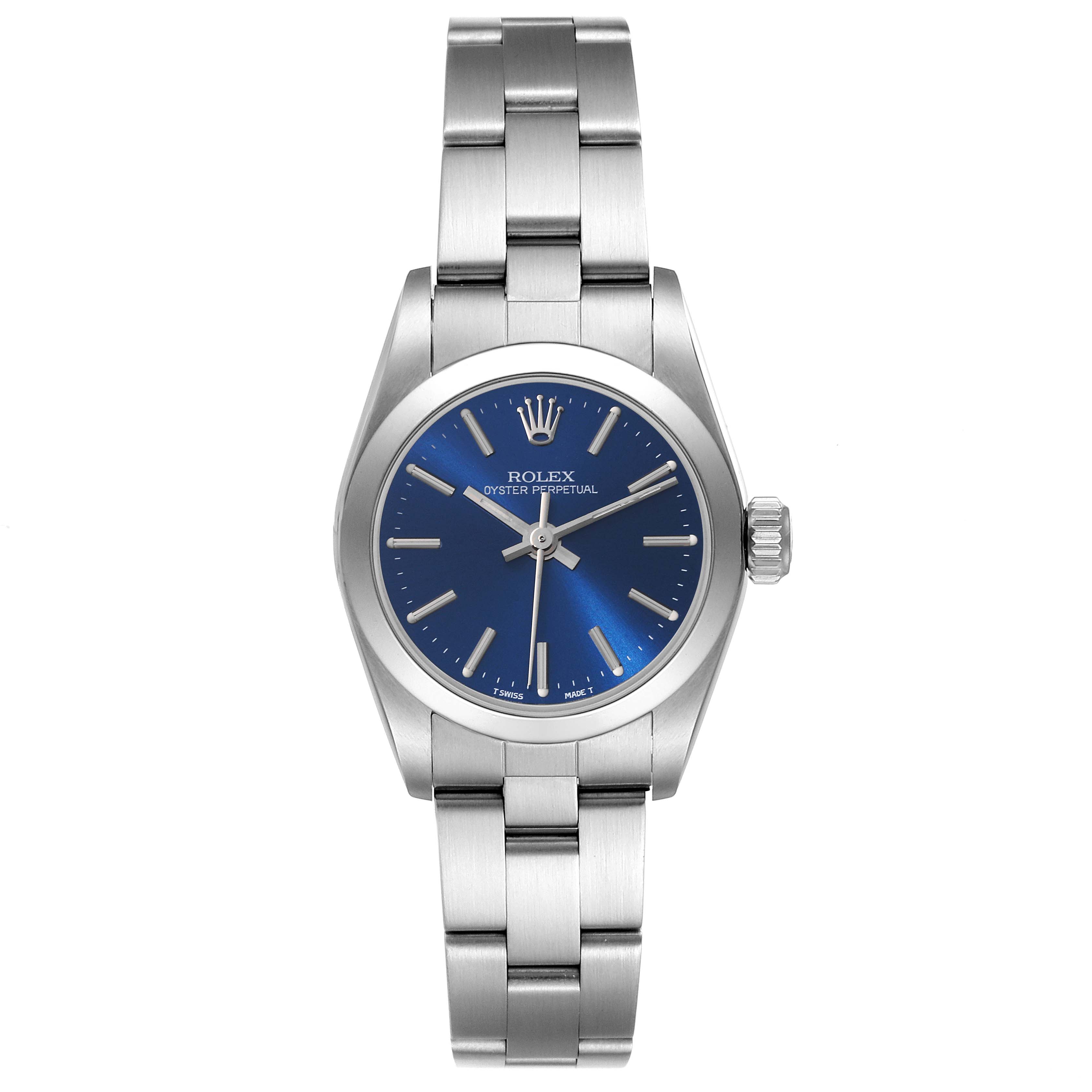 This image shows a front view of the Rolex Oyster Perpetual 67180 Women
s Stainless Steel Blue Dial 67180 Women
s Stainless Steel Blue Dial watch, featuring its blue dial and metal bracelet.