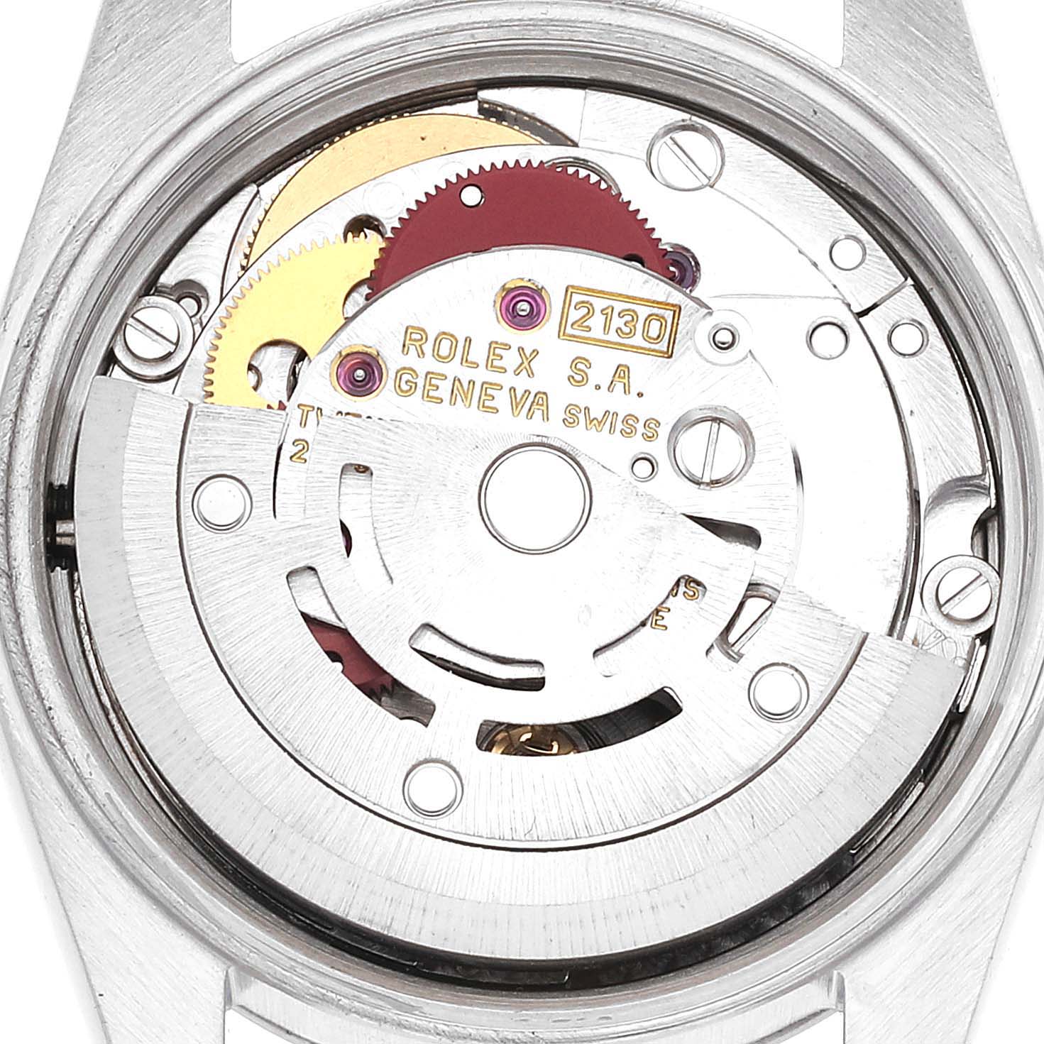 This image shows the internal mechanism of the Rolex Oyster Perpetual 67180 Women
s Stainless Steel Blue Dial 67180 Women
s Stainless Steel Blue Dial watch, including gears and the rotor.