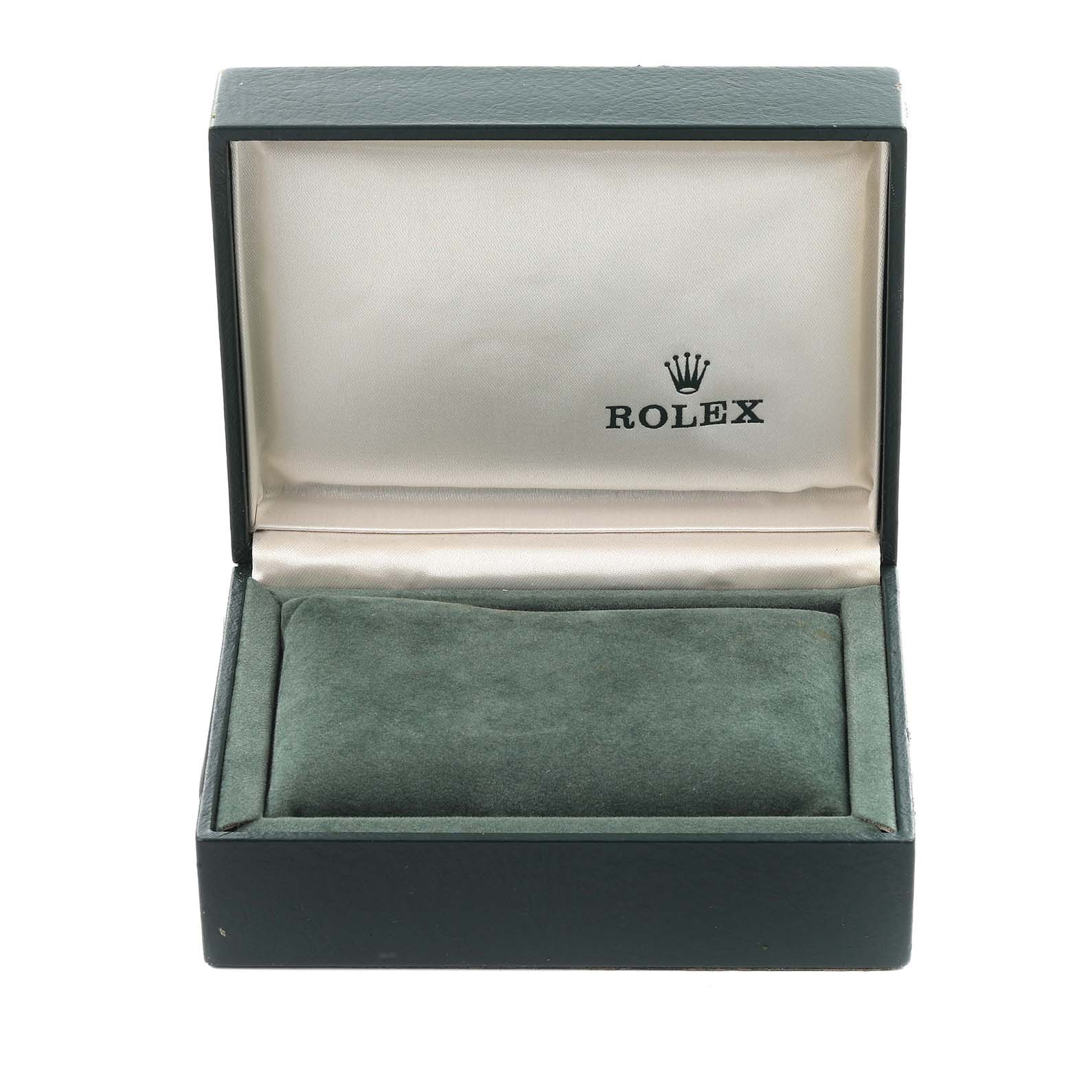 The image shows an open Rolex Oyster Perpetual 76030 Women's Stainless Steel Pink Dial 76030 Women's Stainless Steel Pink Dial watch box and a green cushion inside.