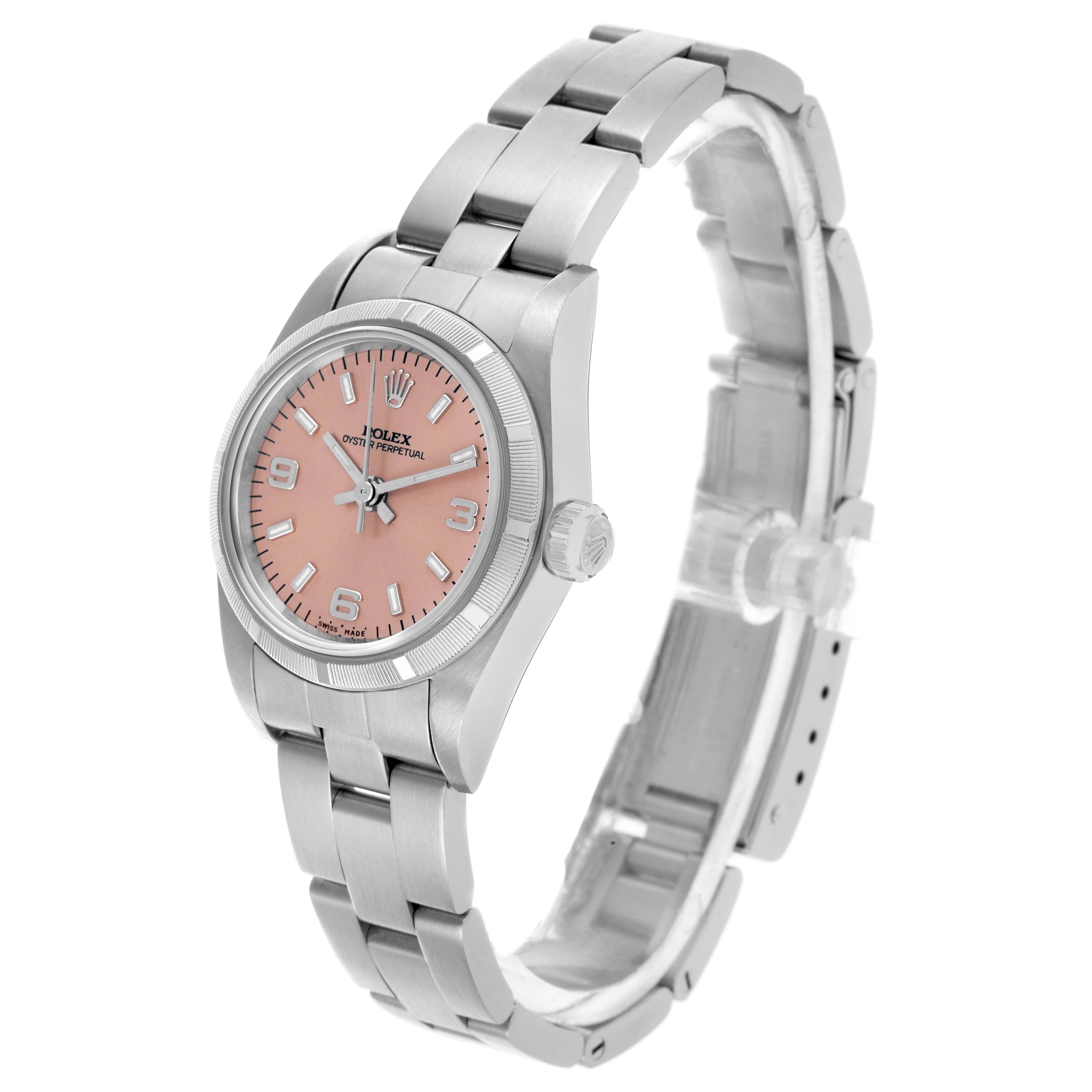 The Rolex Oyster Perpetual 76030 Women's Stainless Steel Pink Dial 76030 Women's Stainless Steel Pink Dial watch is shown at a slight angle, highlighting the dial, bezel, crown, and bracelet.