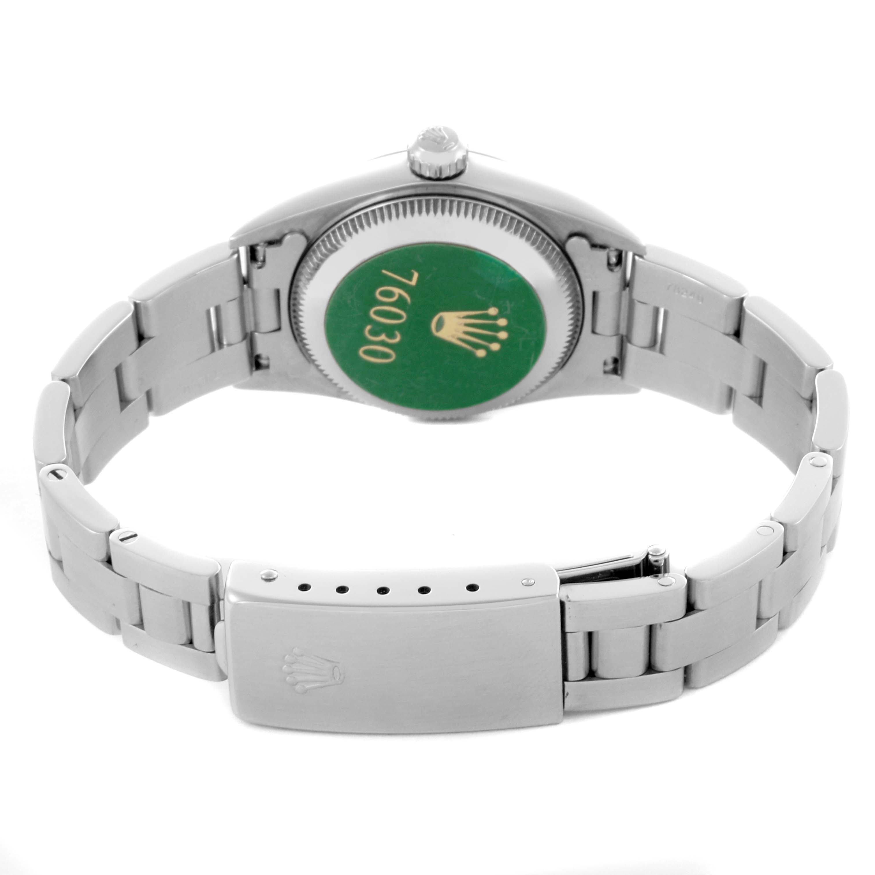 The image shows the back view of a Rolex Oyster Perpetual 76030 Women's Stainless Steel Pink Dial 76030 Women's Stainless Steel Pink Dial, highlighting the closed clasp and case back.