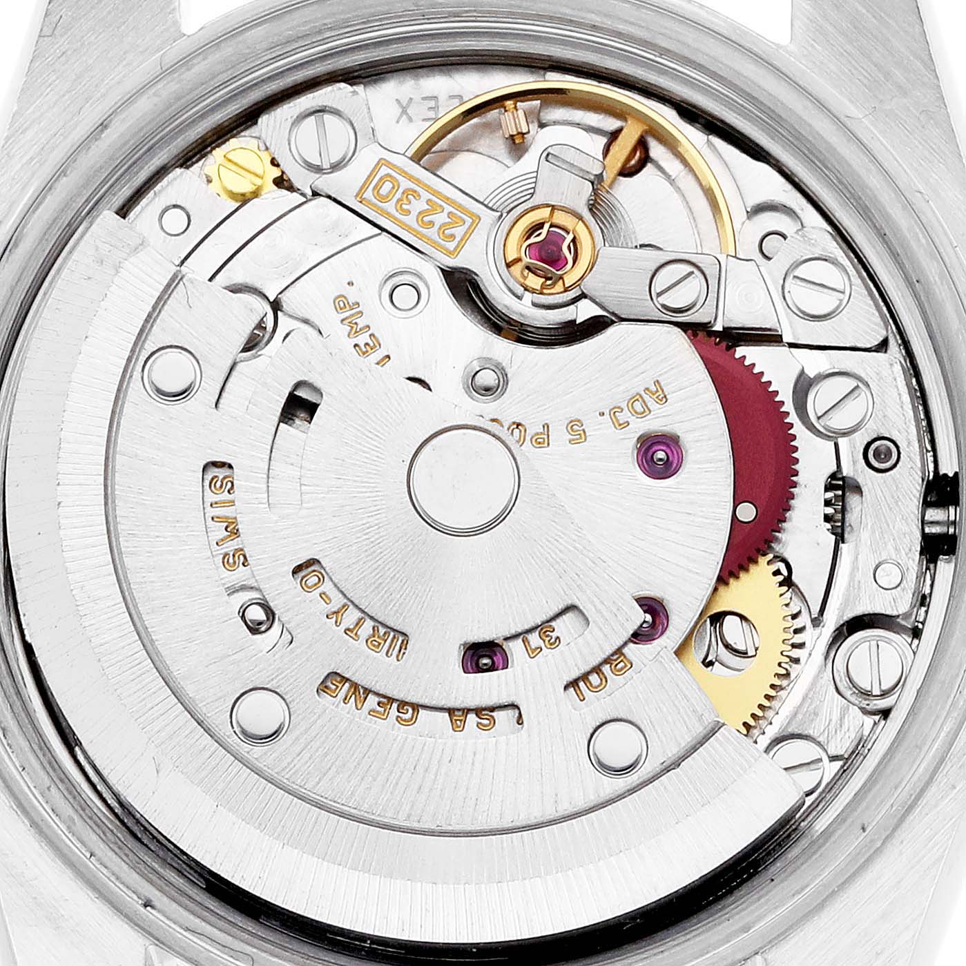 The image shows the internal movement of a Rolex Oyster Perpetual 76030 Women's Stainless Steel Pink Dial 76030 Women's Stainless Steel Pink Dial watch from a close-up, top-down angle.