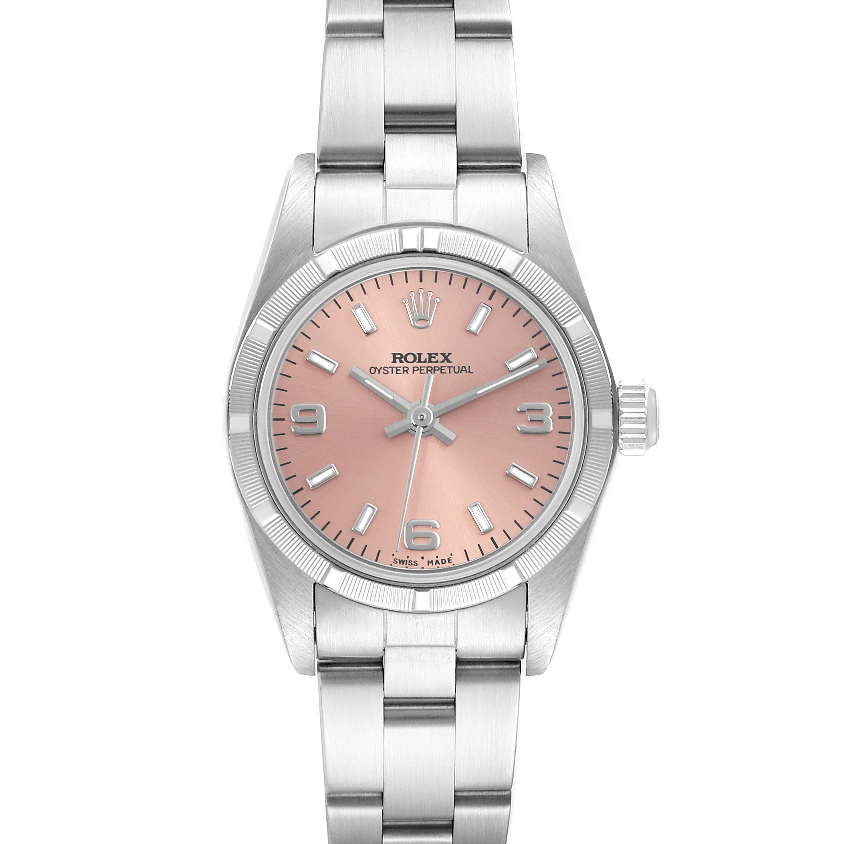The Rolex Oyster Perpetual 76030 Women's Stainless Steel Pink Dial 76030 Women's Stainless Steel Pink Dial watch is shown from a front angle, displaying its dial, bezel, case, lugs, and bracelet.
