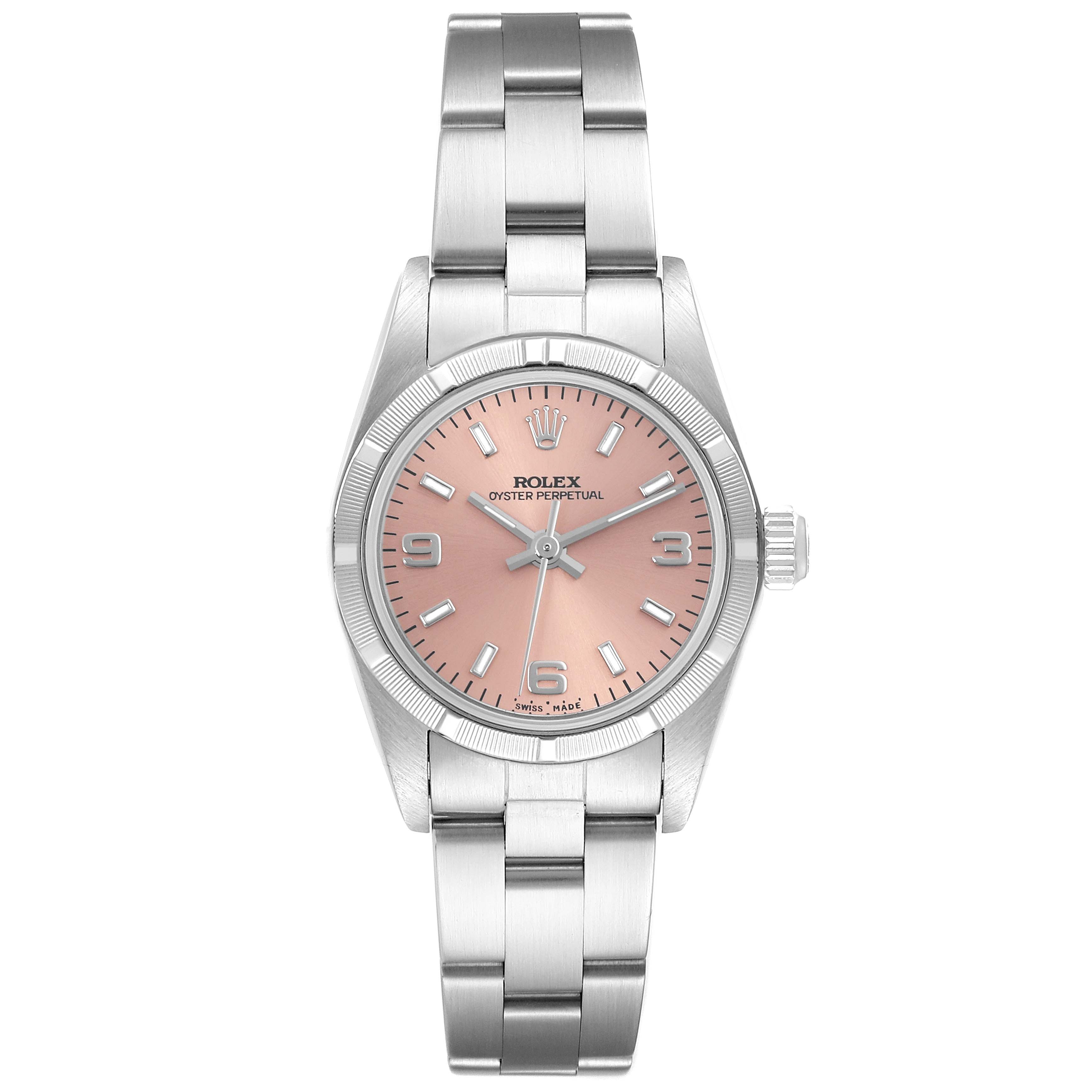 The Rolex Oyster Perpetual 76030 Women's Stainless Steel Pink Dial 76030 Women's Stainless Steel Pink Dial watch is shown from a front view, displaying the dial, bezel, case, and bracelet.