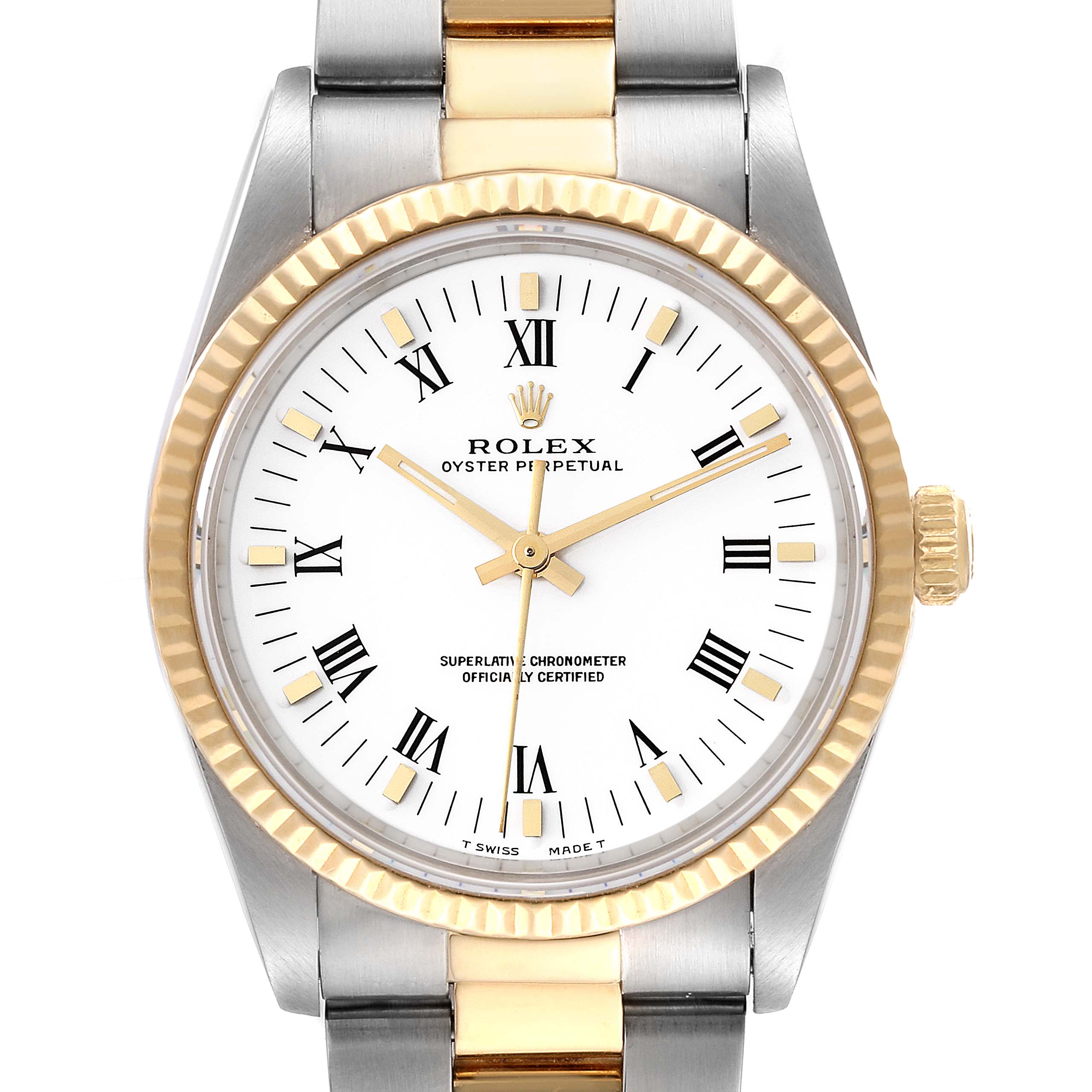 The image shows a front view of a Rolex Oyster Perpetual 14233 Men
s Steel and Gold (two tone) White Dial 14233 Men
s Steel and Gold (two tone) White Dial watch, highlighting its gold bezel, white dial, and two-tone bracelet.