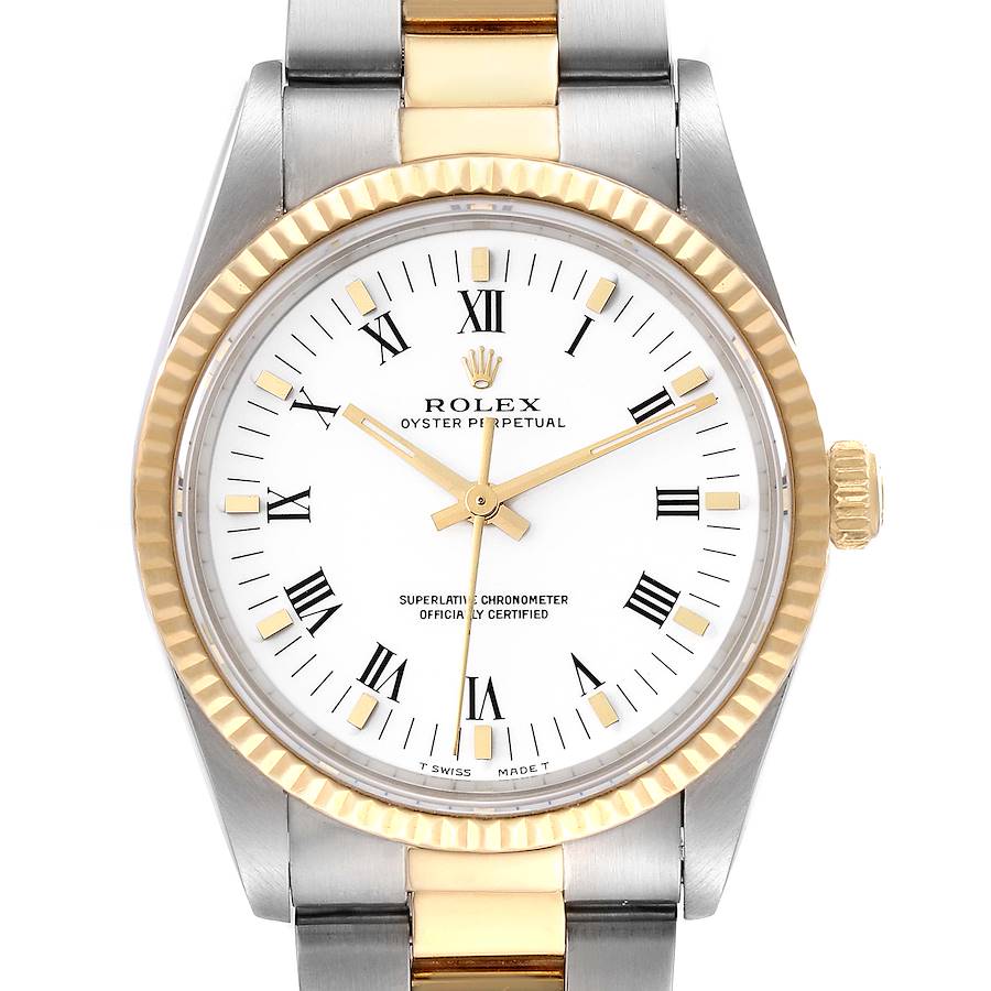 Rolex Oyster Perpetual Steel Yellow Gold White Roman Dial Mens Watch 14233 SwissWatchExpo