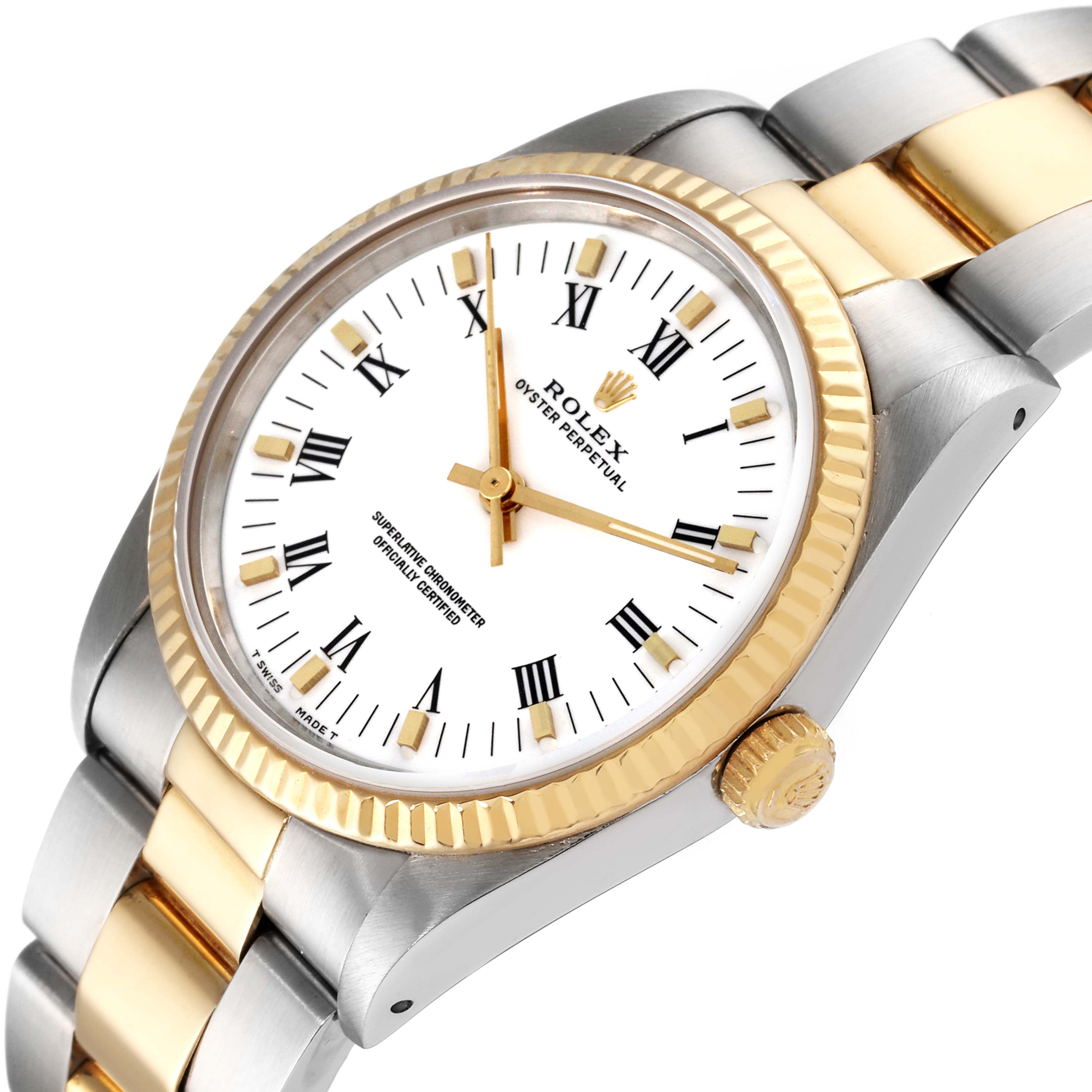 This image shows a Rolex Oyster Perpetual 14233 Men
s Steel and Gold (two tone) White Dial 14233 Men
s Steel and Gold (two tone) White Dial watch from a side angle, highlighting its bezel, crown, dial, and bracelet.